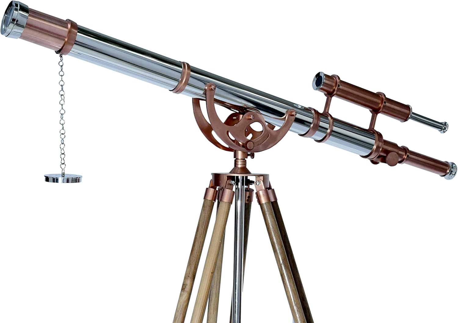 Royal Vintage Shiny Copper Chrome Telescope Double Barrel Teak Tripod