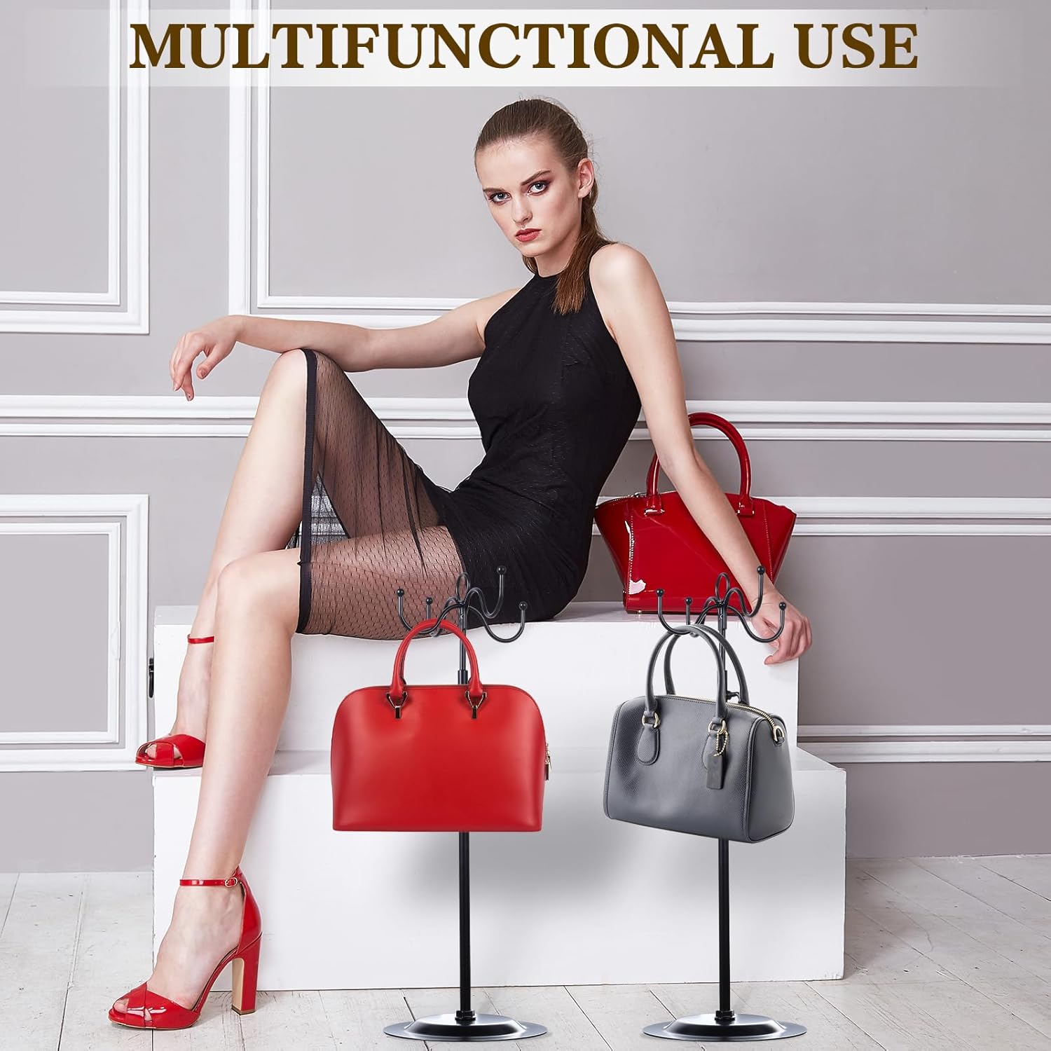 4 Pcs Metal Adjustable Height Purse Display Stand with 4 Hooks Black