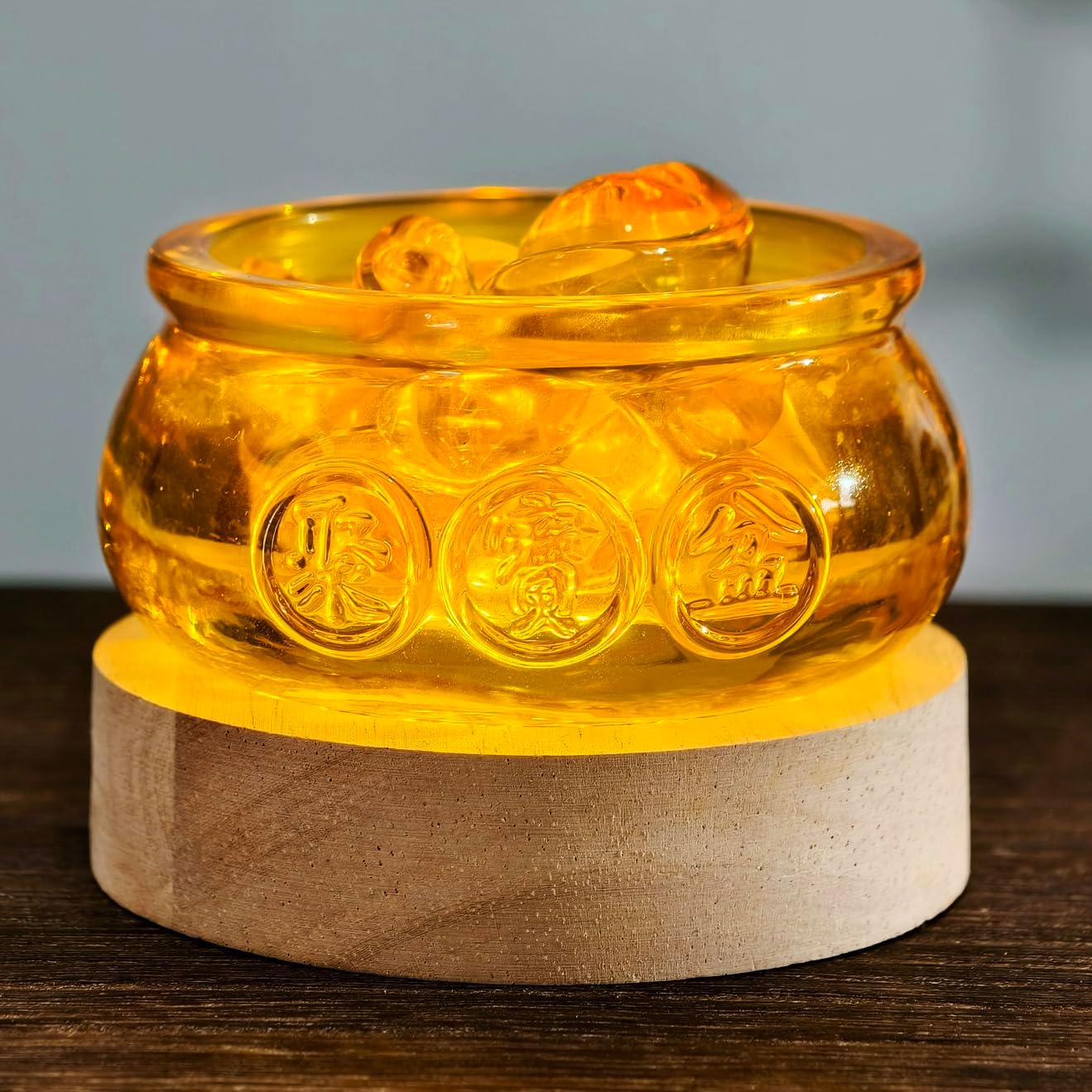 Golden Treasure Crystal Glass Bowl with LED Base and 321 Ingot Decor