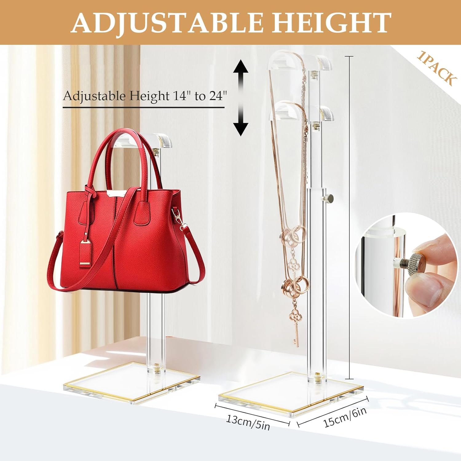 Adjustable Acrylic Purse Display Stand with Gold Trim