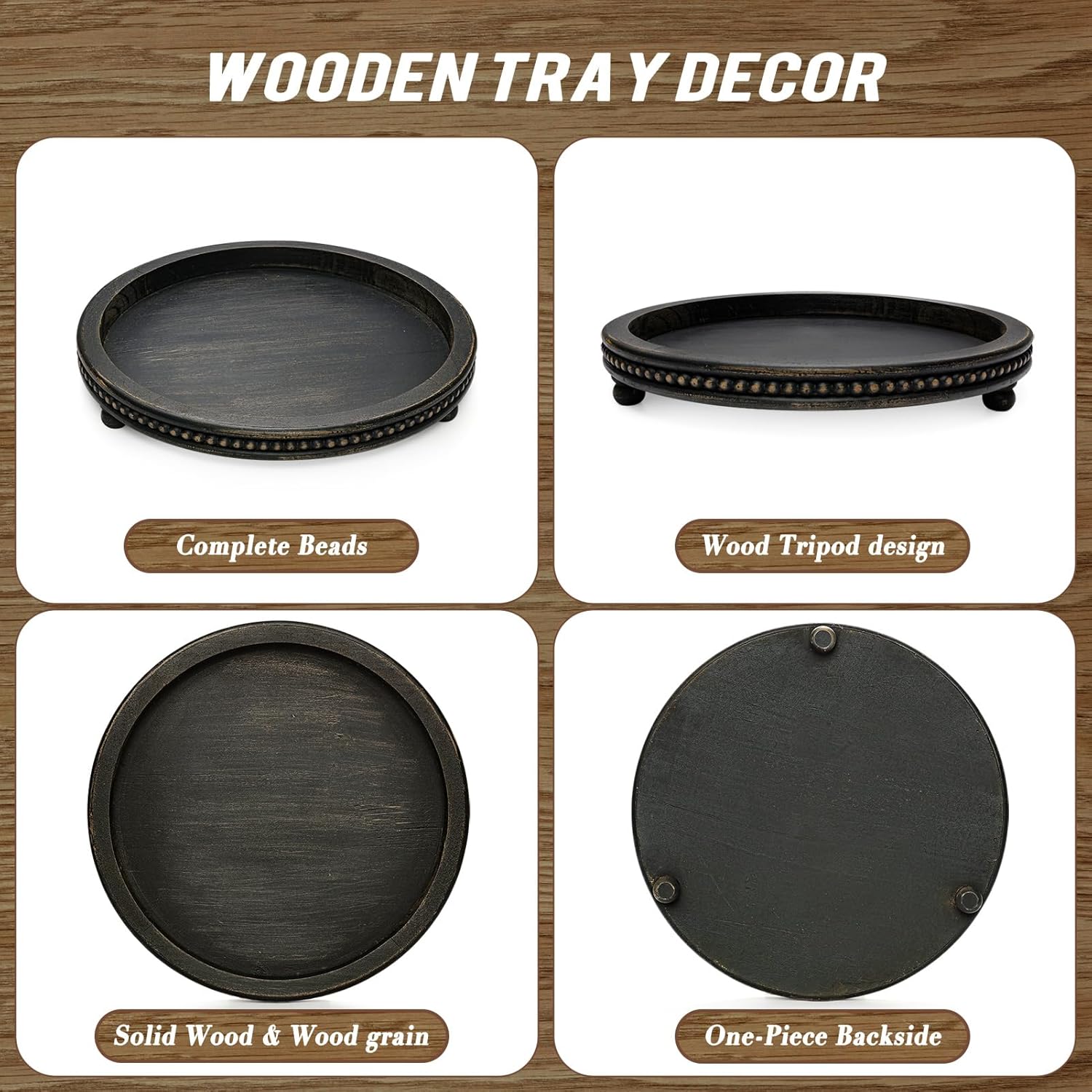 KULEDM Black Round Wooden Tray Decor for Coffee Table