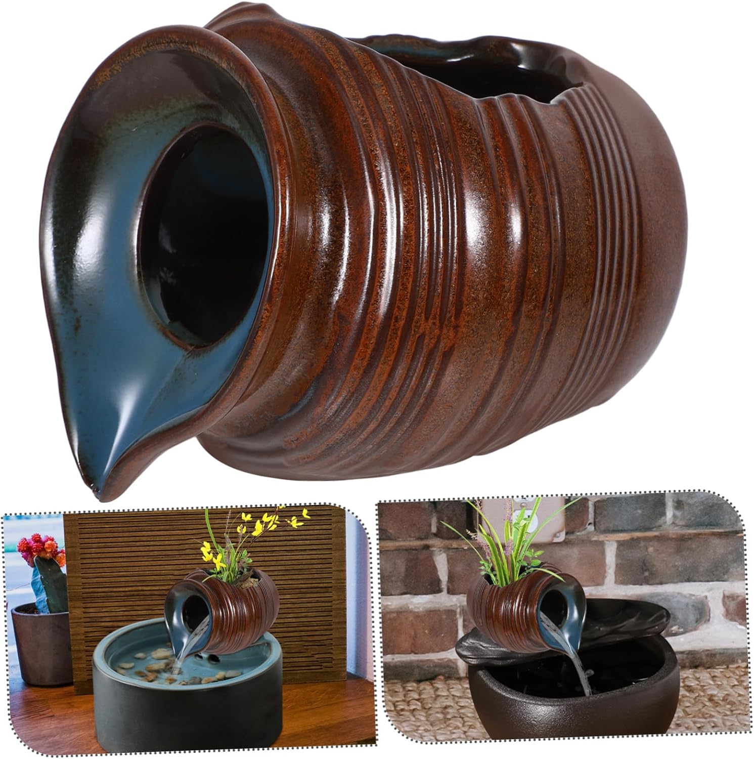 Mobestech Decorative Ceramic Waterfall Jar for Garden and Indoor Fountain