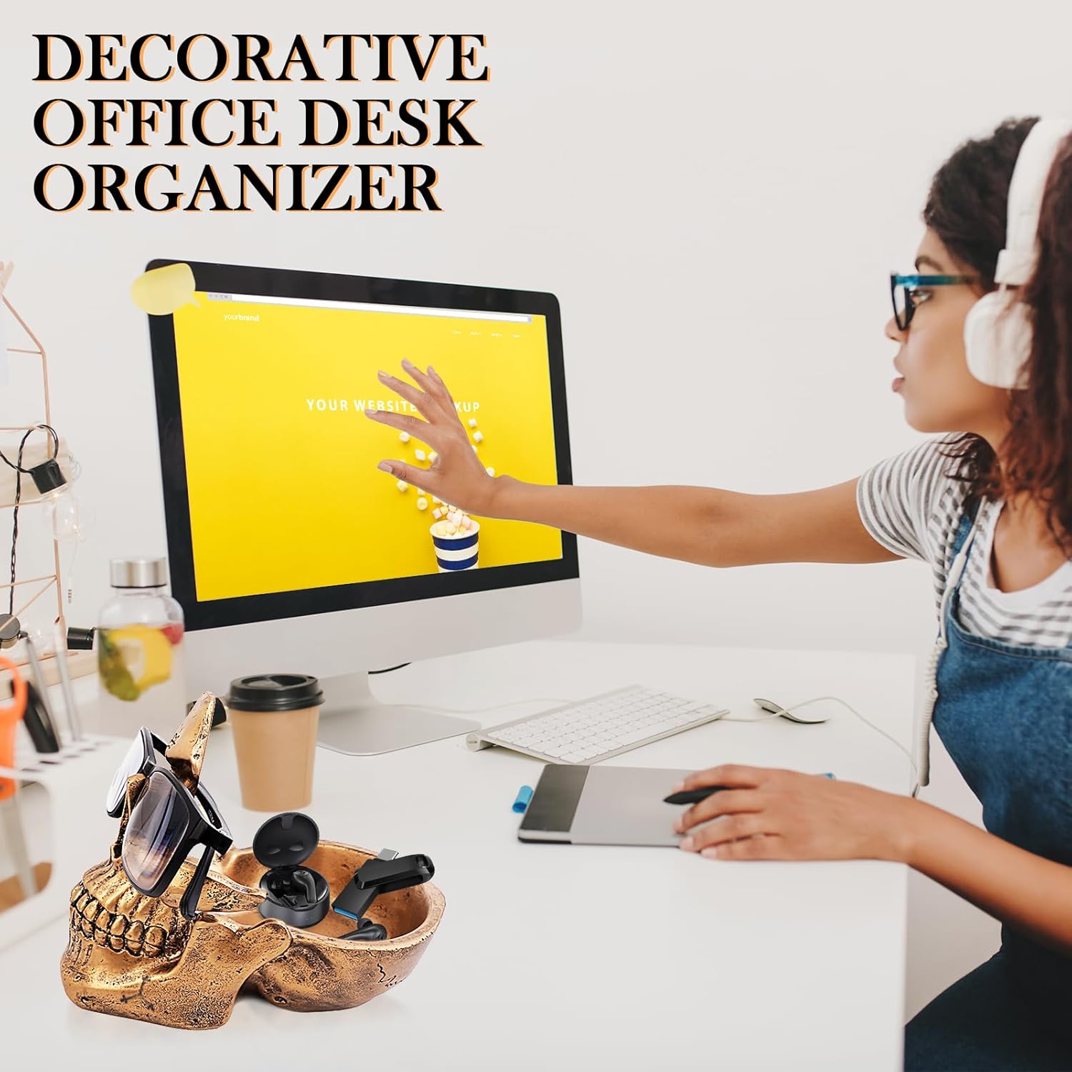 Skull Glasses Holder with Storage Tray Novelty Design for Home Office