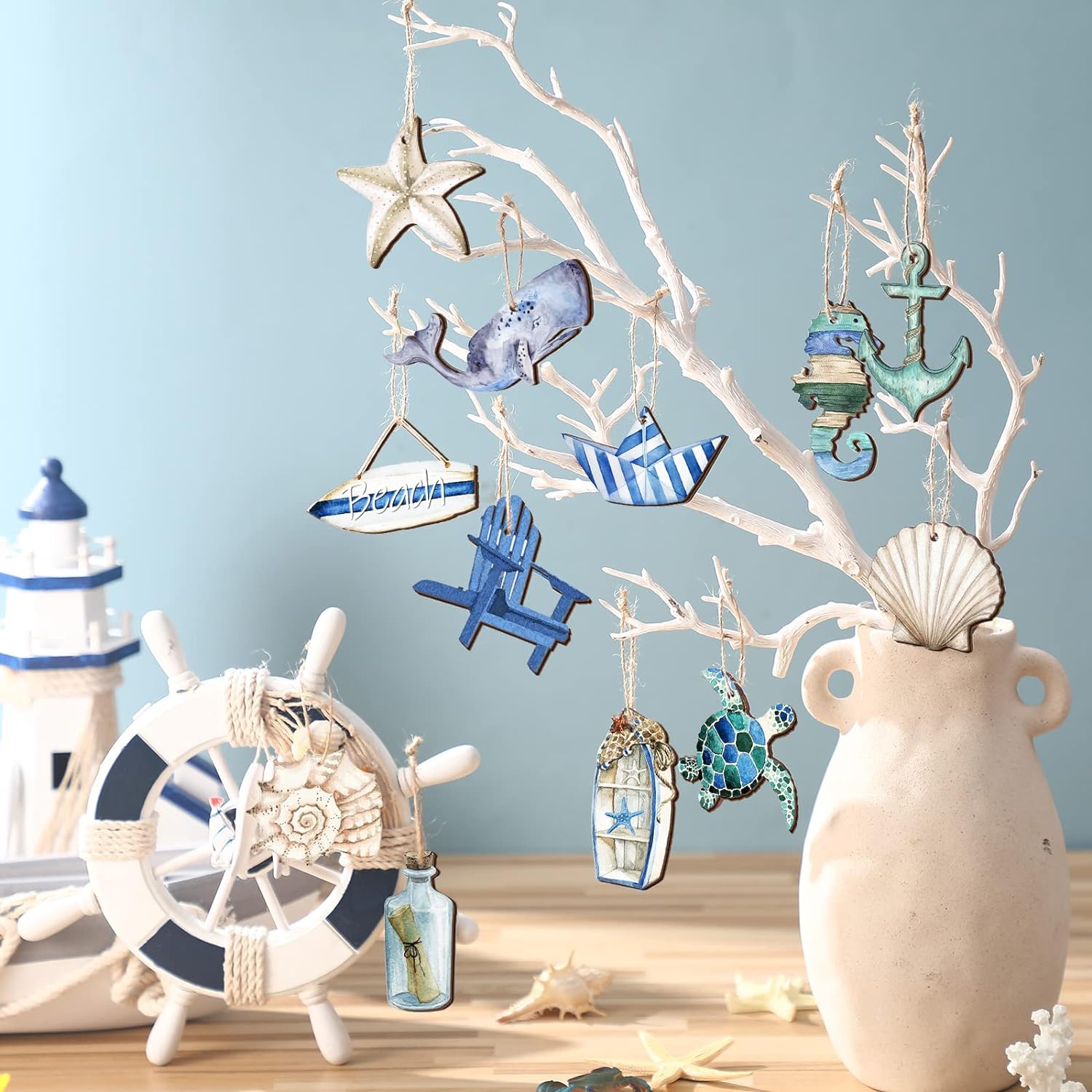 Maitys 36 Pcs Ocean Decor Wooden Hanging Ornaments