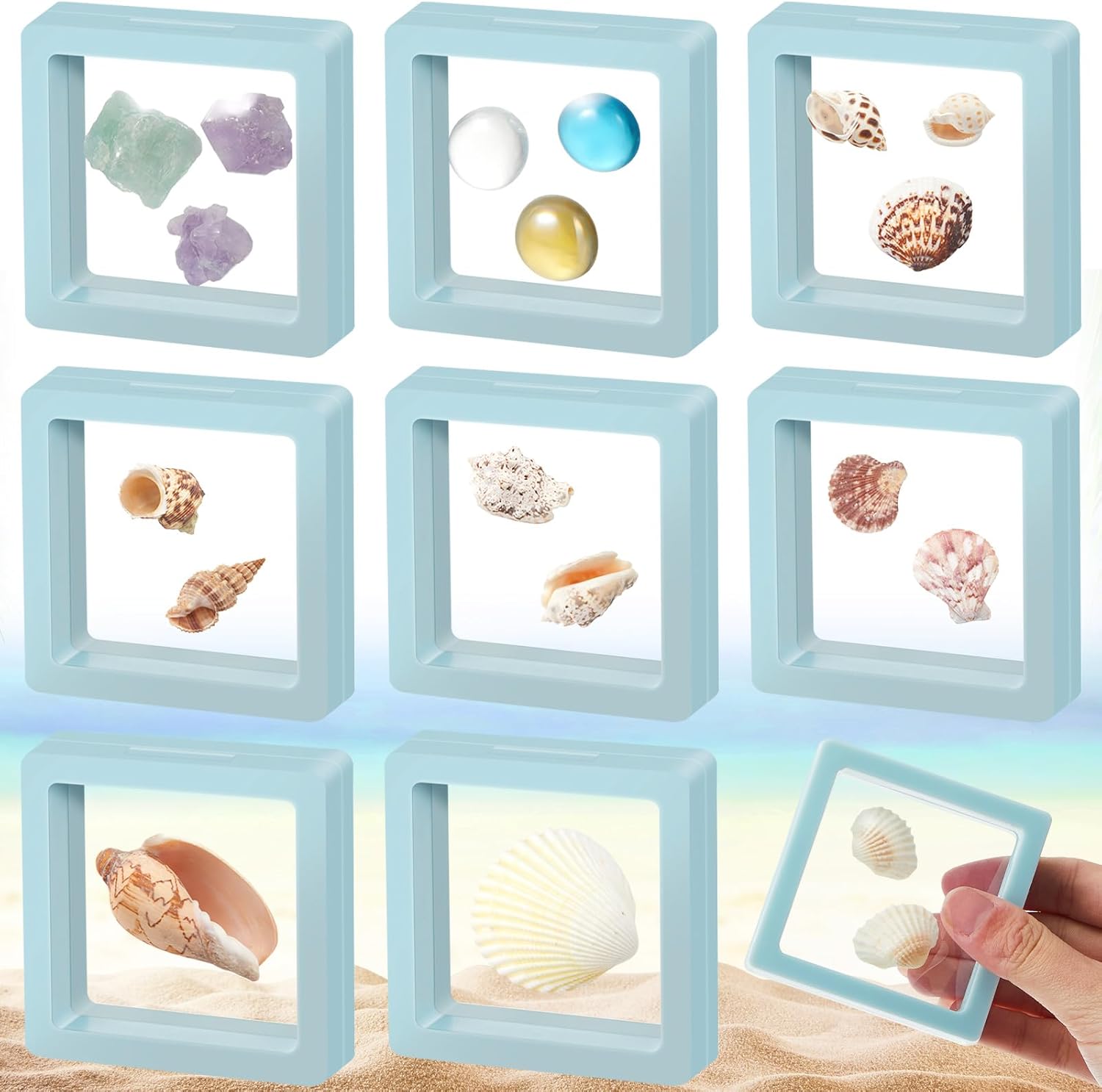 Juexica 9 Pcs Seashell Holder Set Light Blue Display Cases