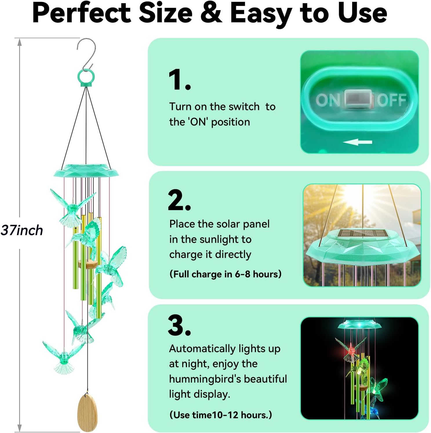 Hummingbird Solar Wind Chimes for Garden 37 Long