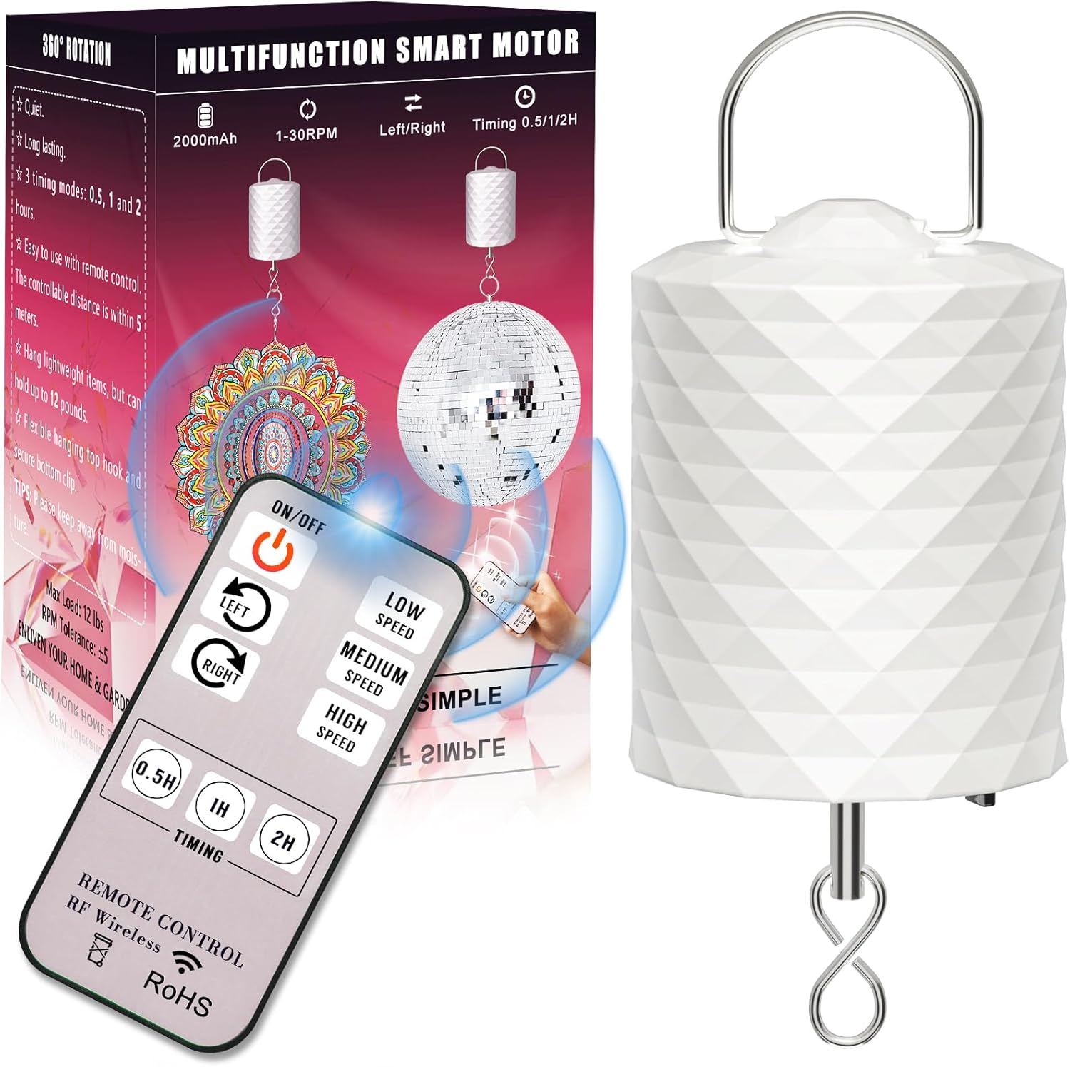 Disco Ball Motor with Remote Control 3 Speeds and 2 Directions for Wind Chimes and Decor