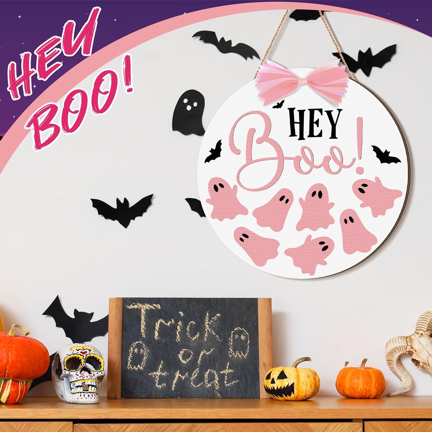 Beeveer Halloween Door Sign with Pink Bows