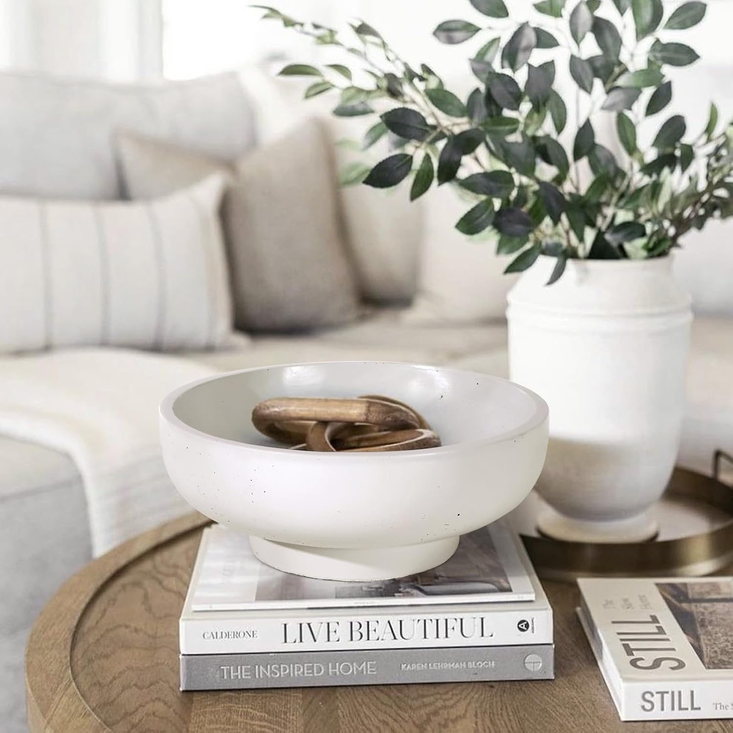 Large Concrete Fruit Bowl - Modern Decorative Centerpiece with Non-Slip Pads LightGray