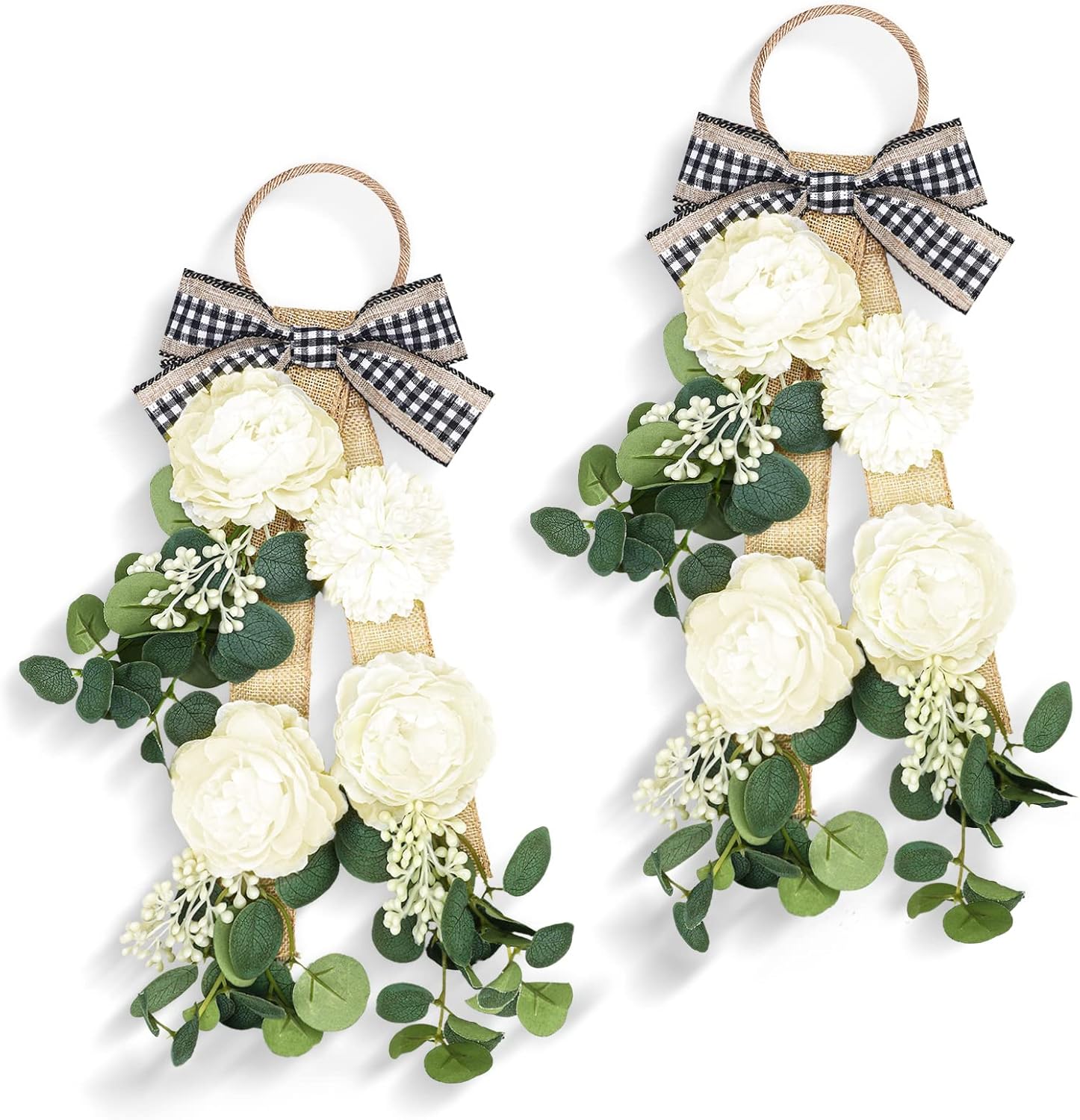 2 Pcs Farmhouse Green Eucalyptus Wreath Artificial Swag for Front Door Accent Decor