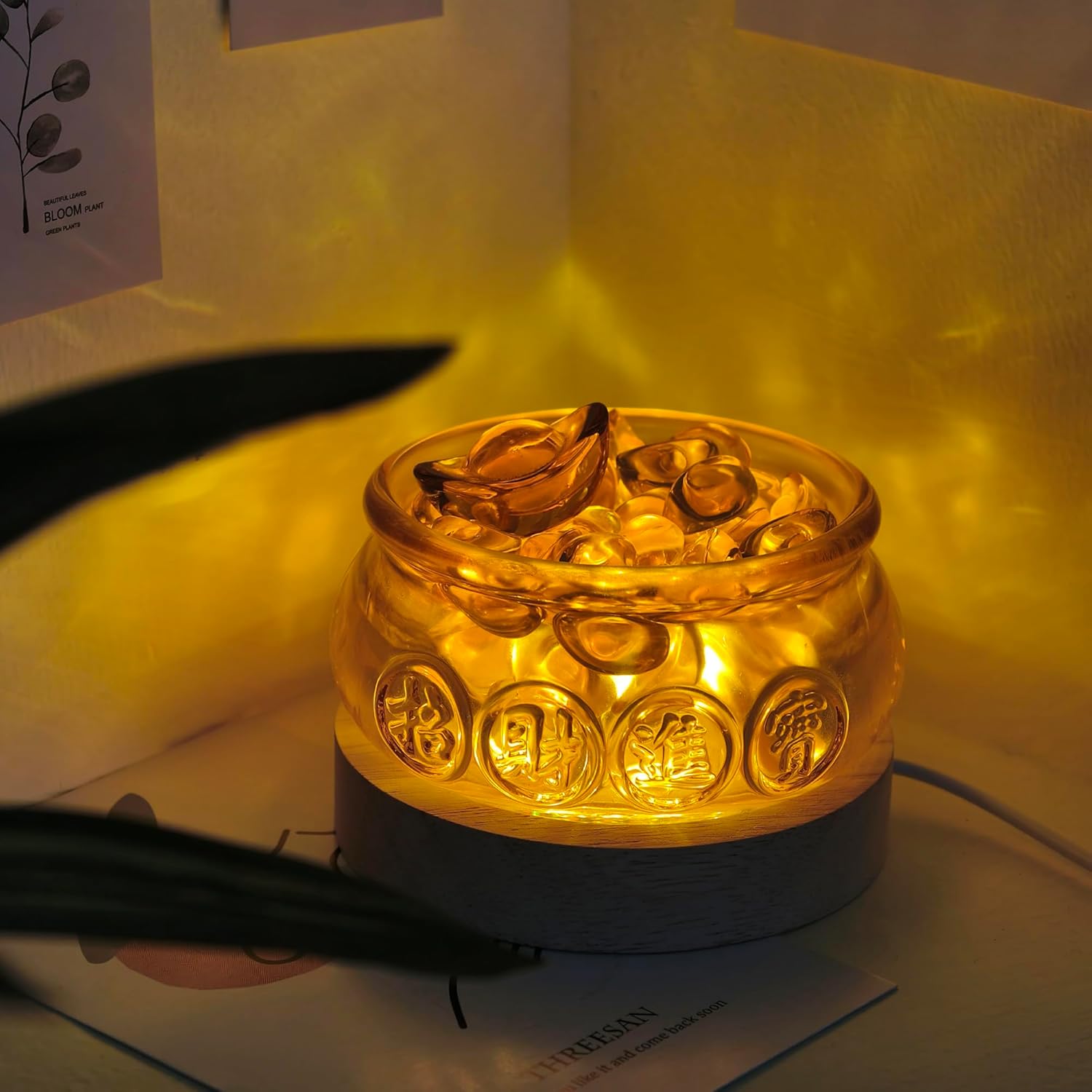 Golden Treasure Crystal Glass Bowl with LED Base and 321 Ingot Decor