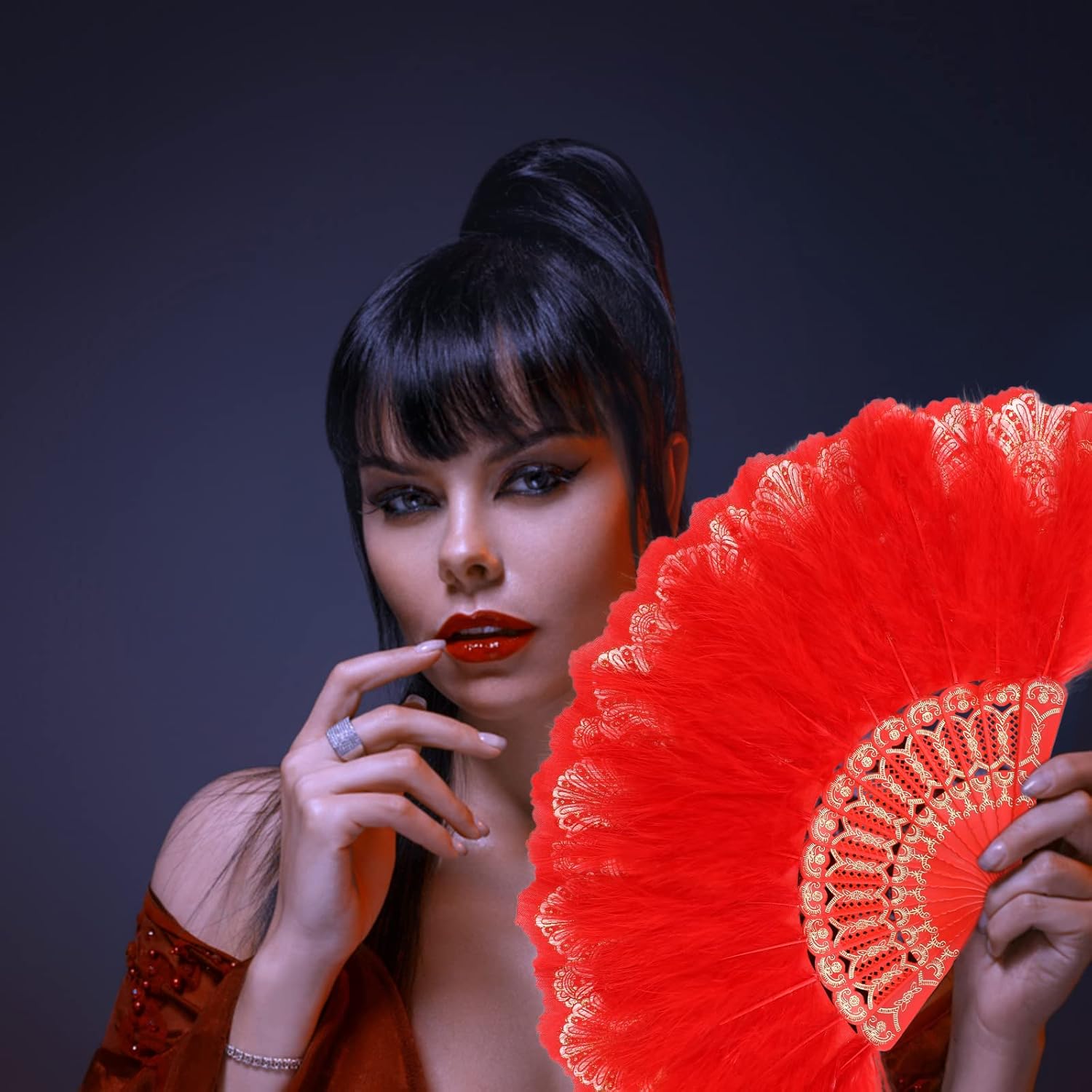 Marabou Feather Fan with Hollow Carved Design
