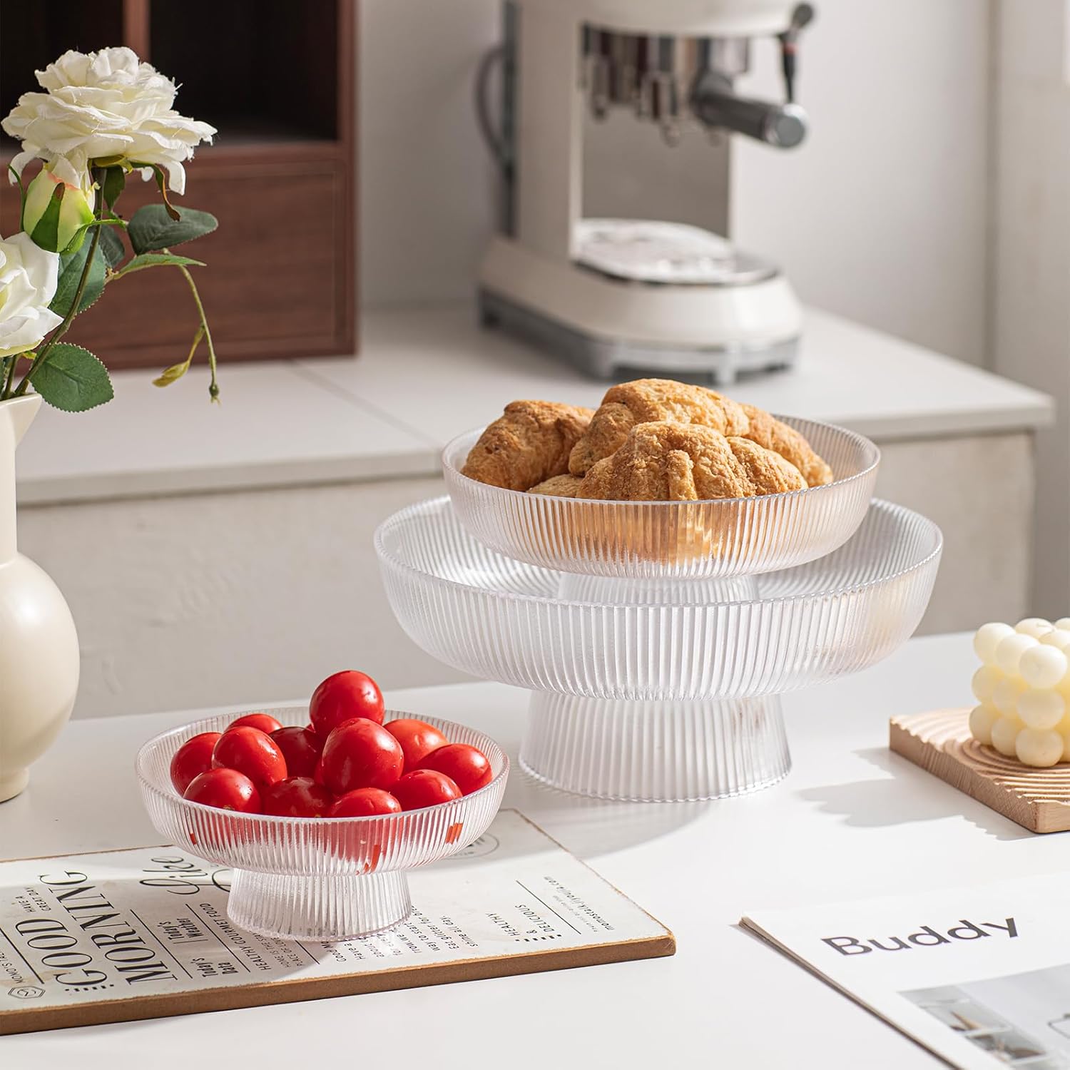INSETLAN Clear Glass Fruit Bowl with Ribbed Design