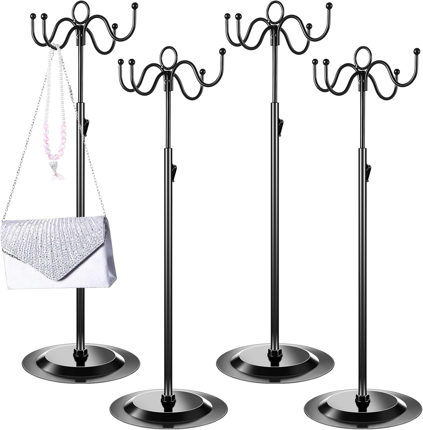4 Pcs Metal Adjustable Height Purse Display Stand with 4 Hooks Black