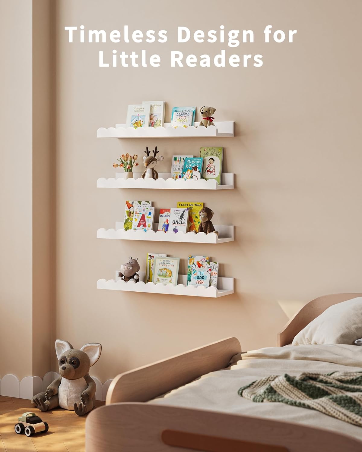 Shario 4-Pack White Floating Book Shelves for Kids Room