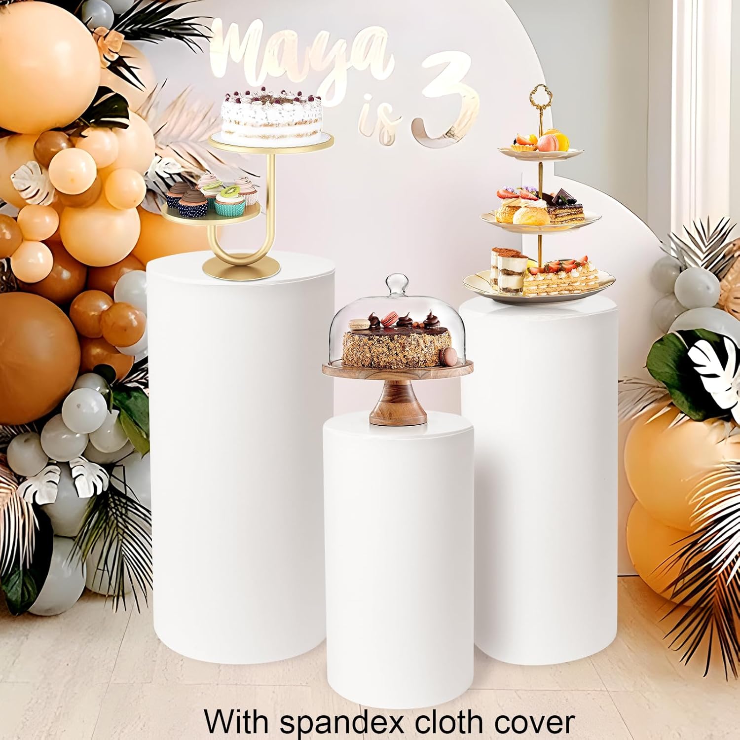3Pcs White Cylinder Pedestal Stand with Spandex Covers for Parties and Events