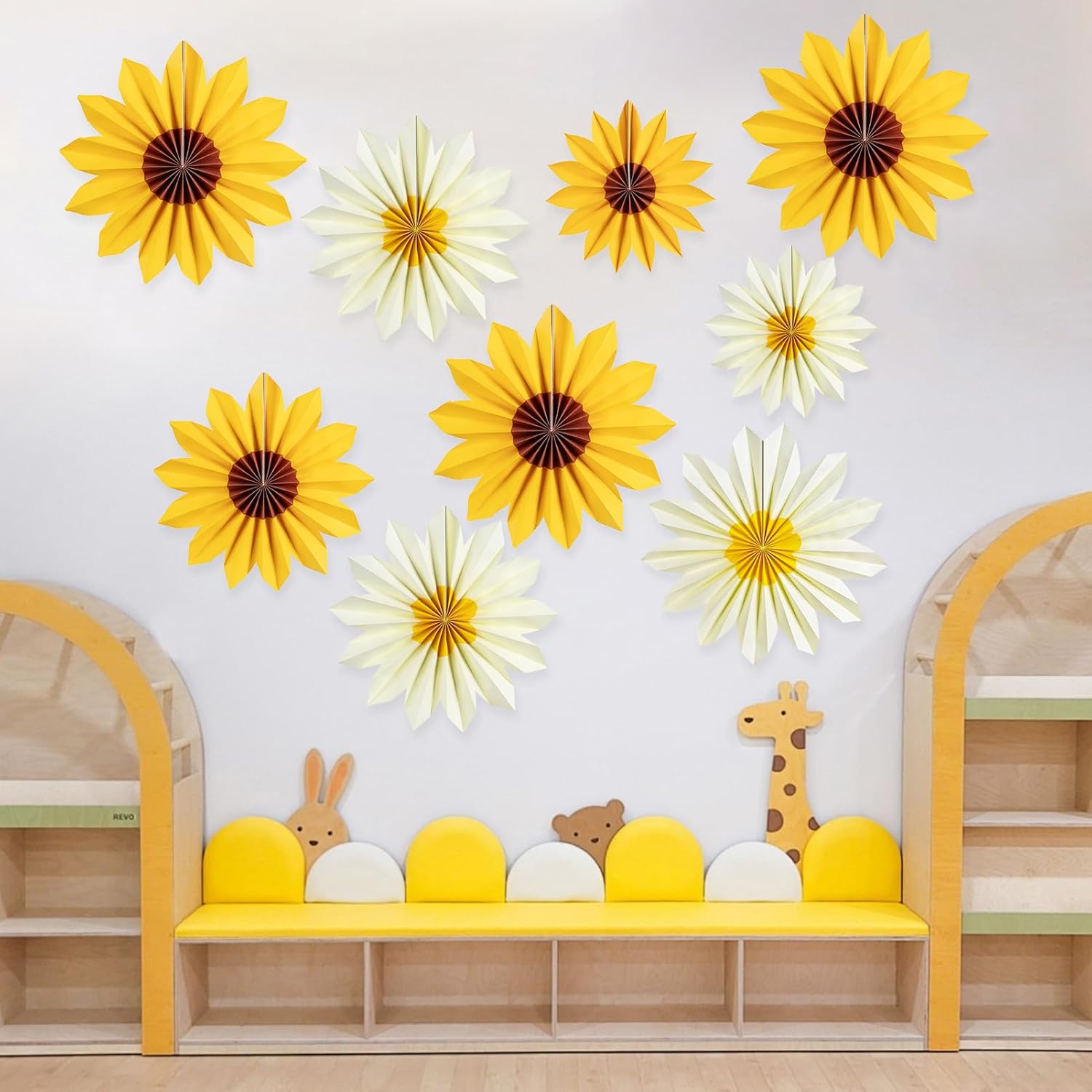 PAPER JAZZ Yellow Sunflower Folding Fans Decor Set
