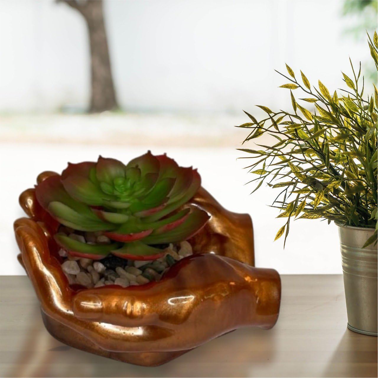 Hand Sculpture Resin Decor in Copper Green White
