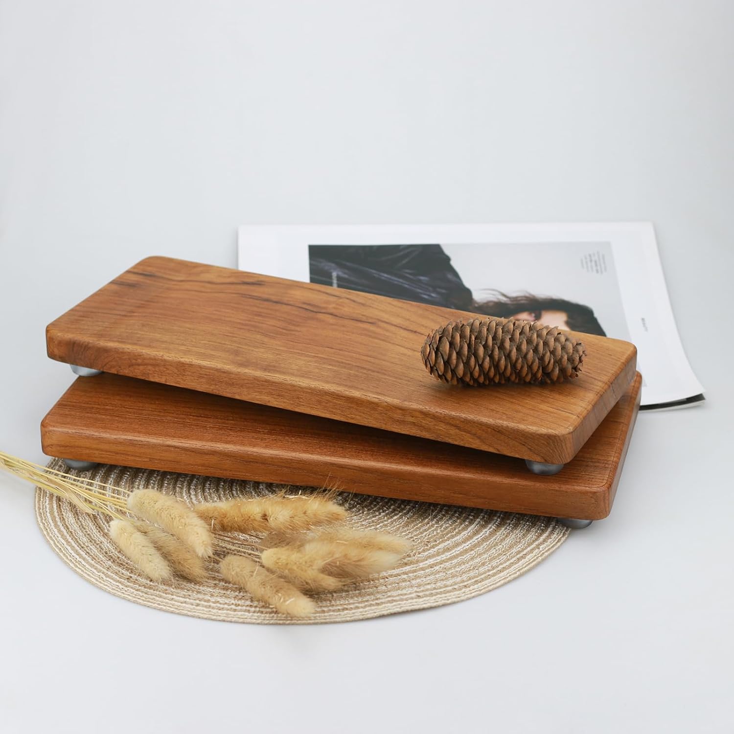 126x5 Solid Teak Wood Riser Tray - Farmhouse Organizer with Non-Slip Base