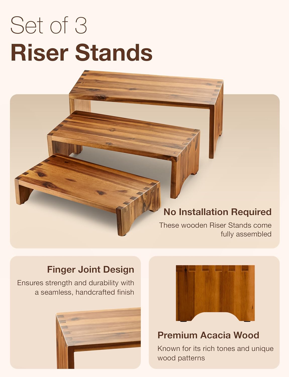 Tidita Acacia Wood Risers Display Stand Set of 3