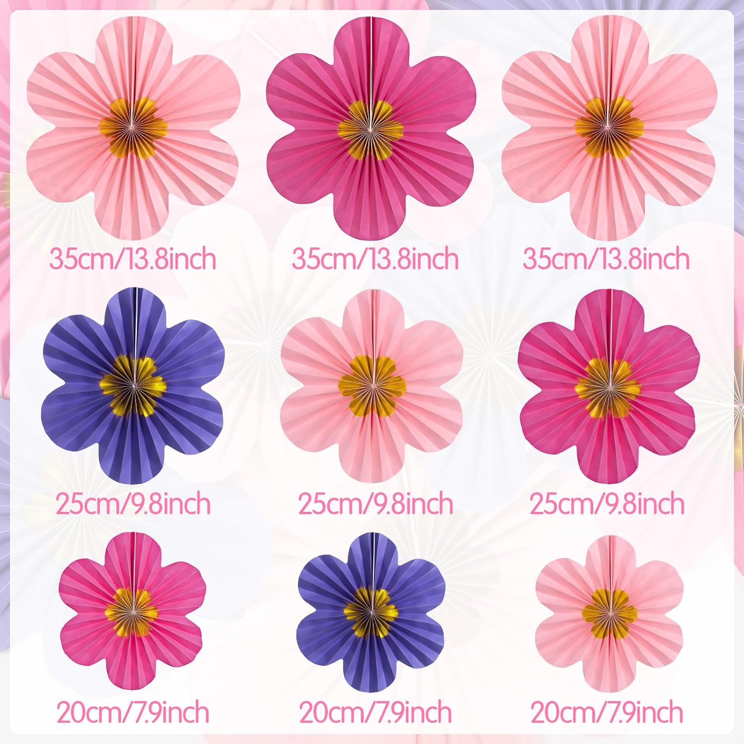 9 PCS Pink Purple Hanging Paper Fans for Decor