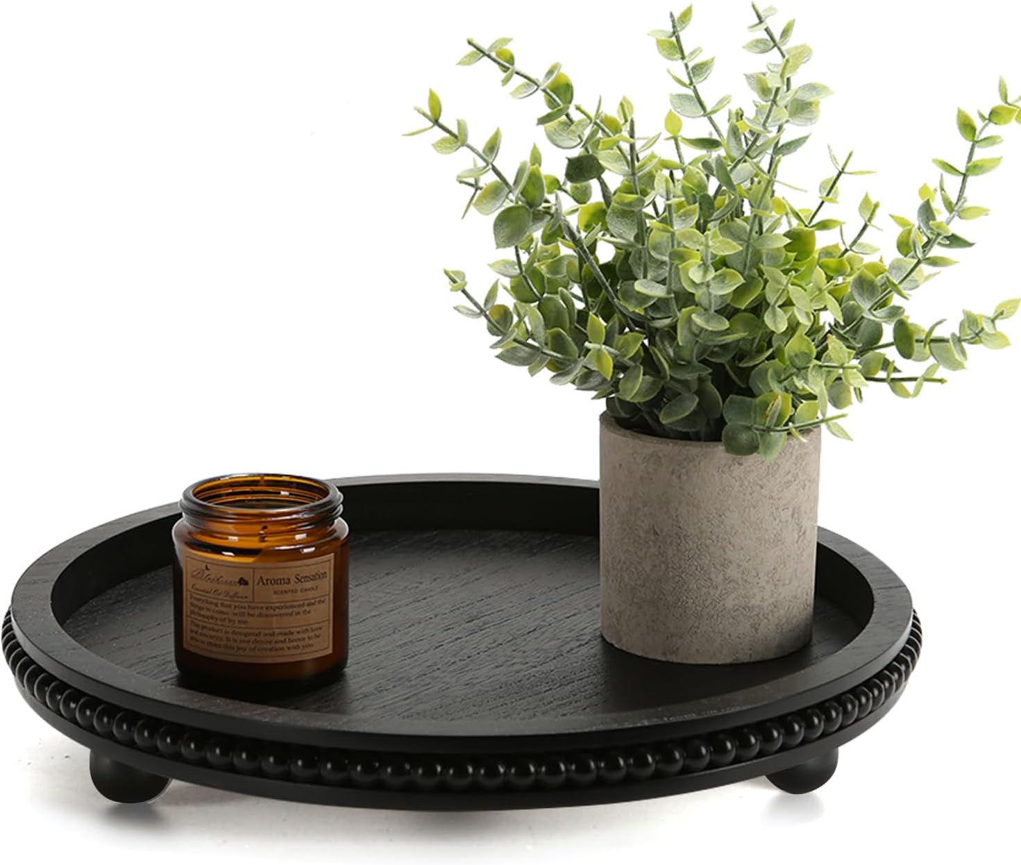 Round Black Wooden Beaded Decor Tray for Coffee Table