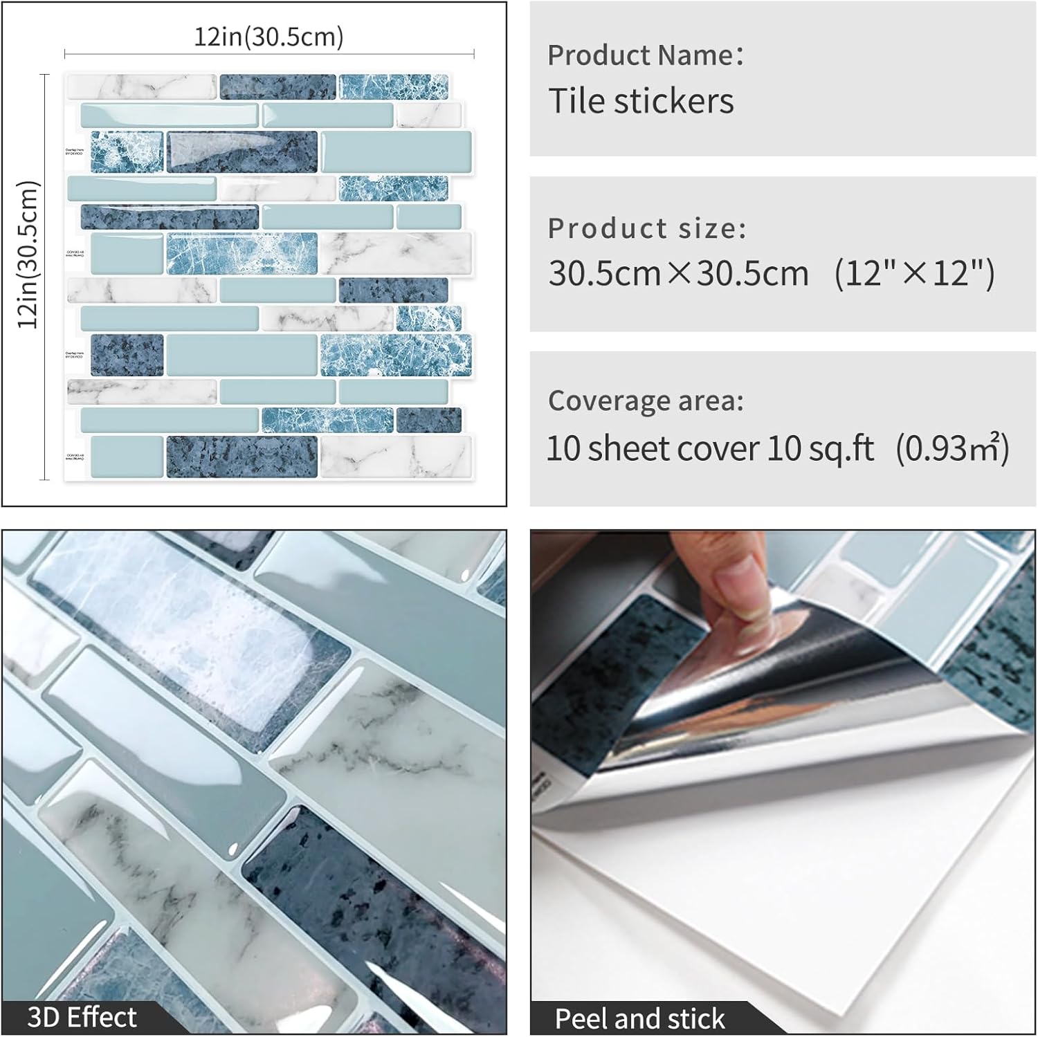 Peel and Stick Marble Tile Stickers 3D Blue 12x12 10-Sheet Backsplash