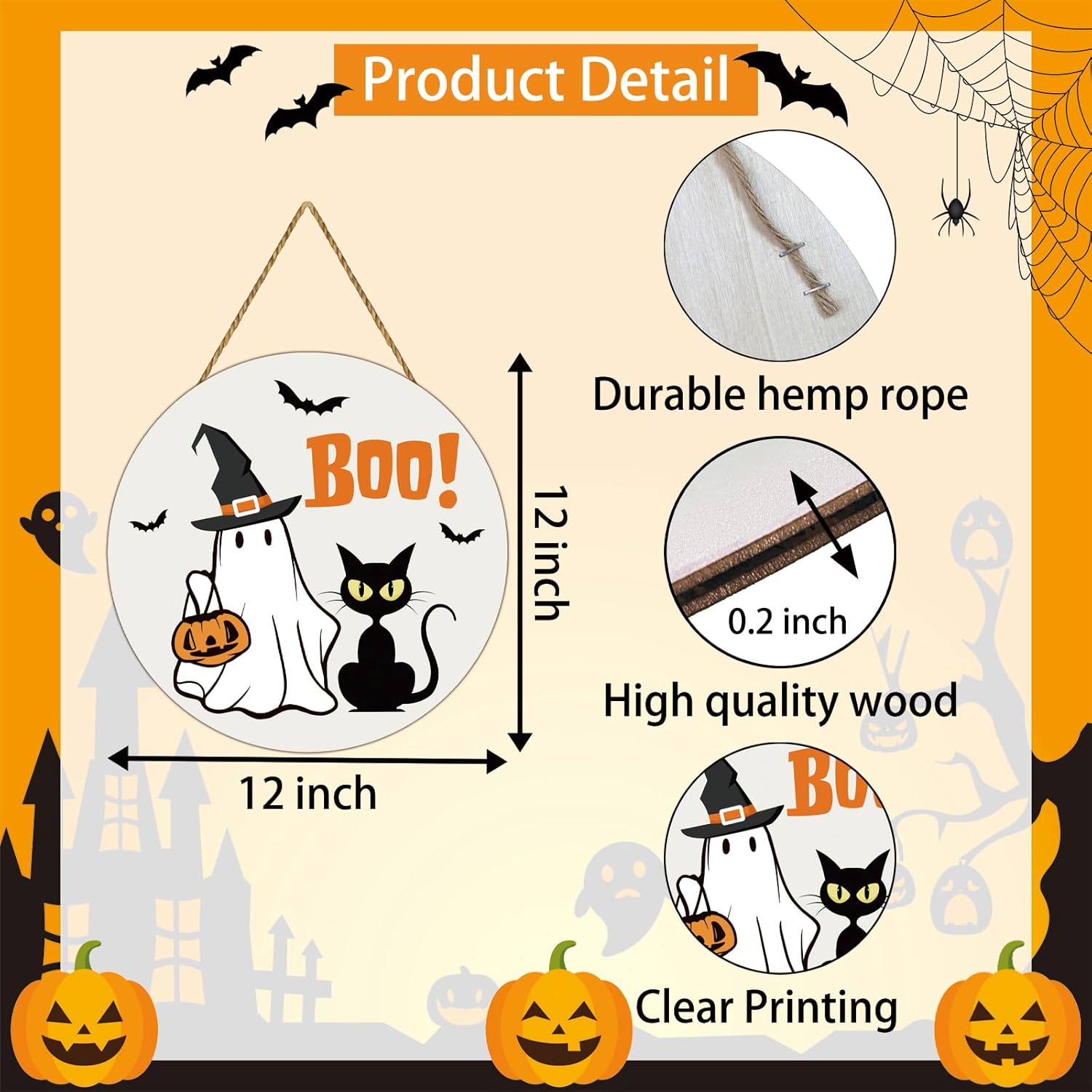 Halloween Door Wreath Cute Ghost Black Cat Front Door Decor