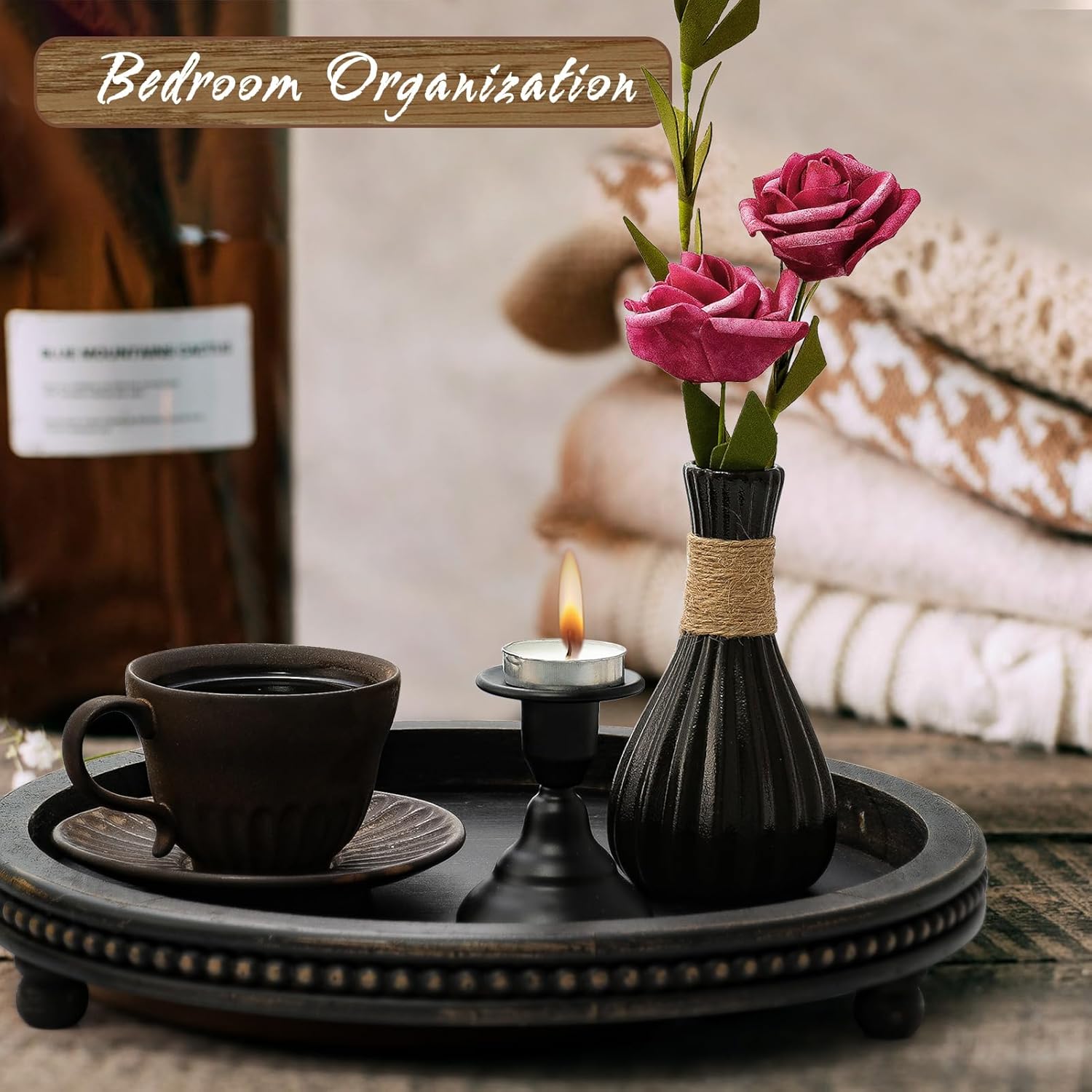 KULEDM Black Round Wooden Tray Decor for Coffee Table