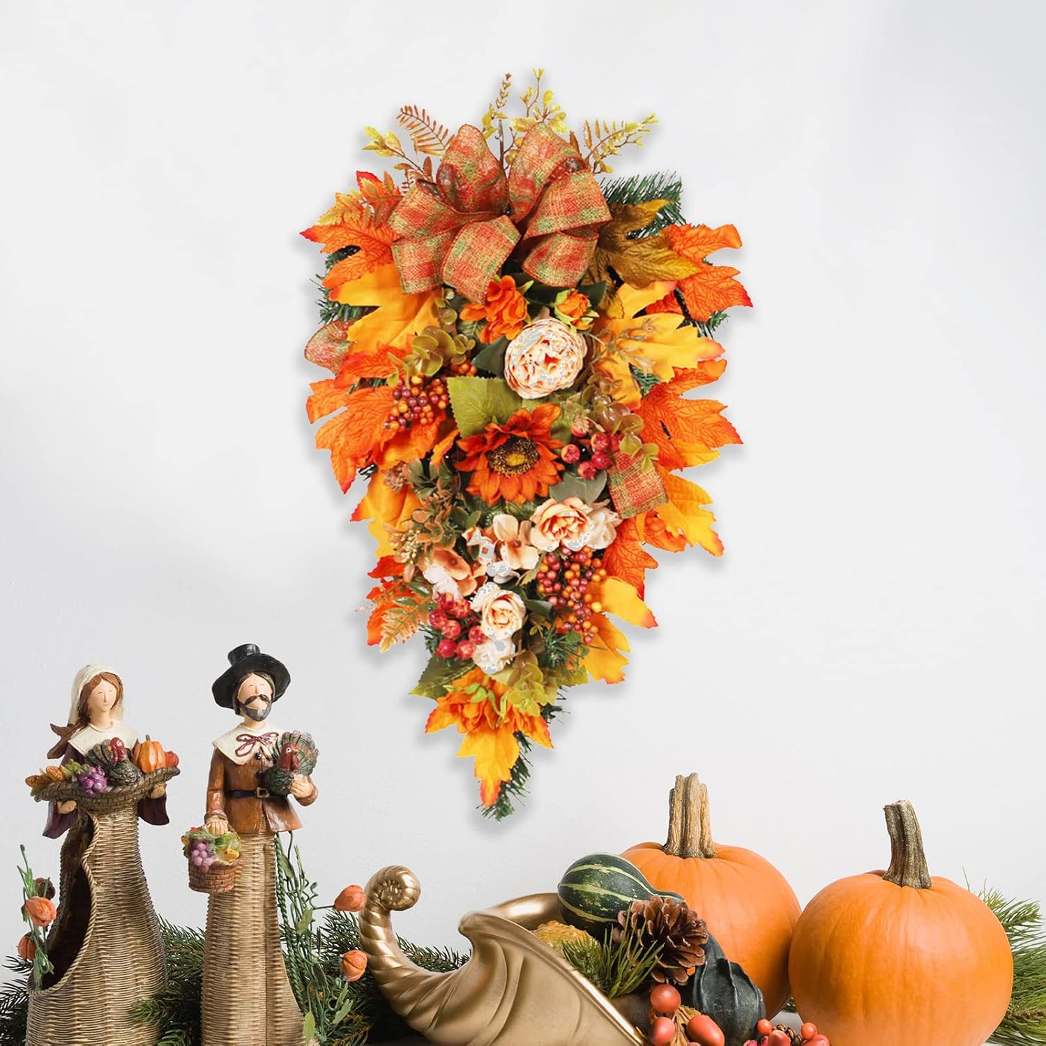 Harvest Teardrop Swag with Peonies and Maple Leaves