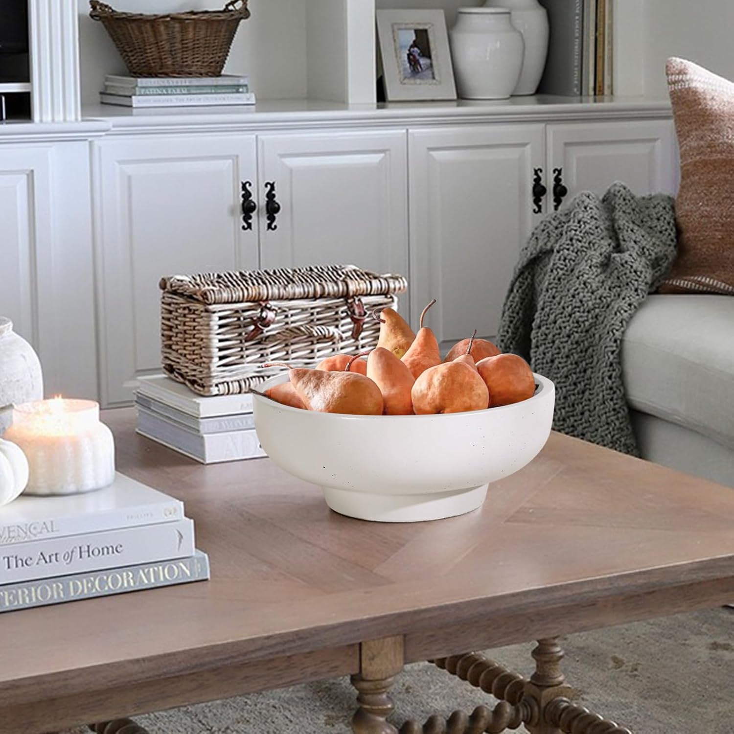 Large Concrete Fruit Bowl - Modern Decorative Centerpiece with Non-Slip Pads LightGray