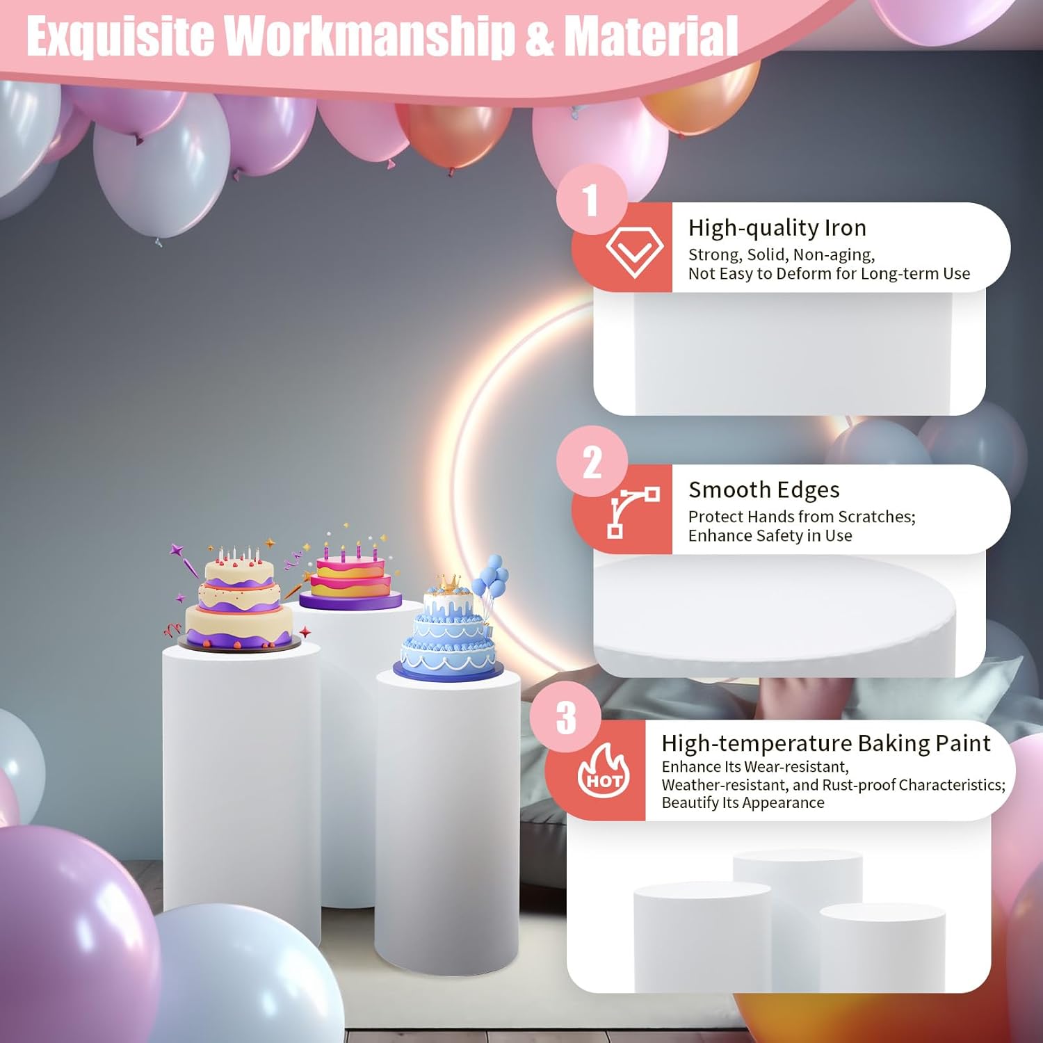 White Cylinder Pedestal Stand for Party 3Pcs Display Plinth