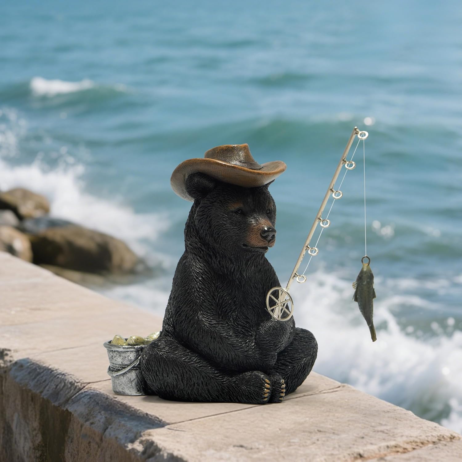 Hodao Black Bear Fishing Statue Home Decor