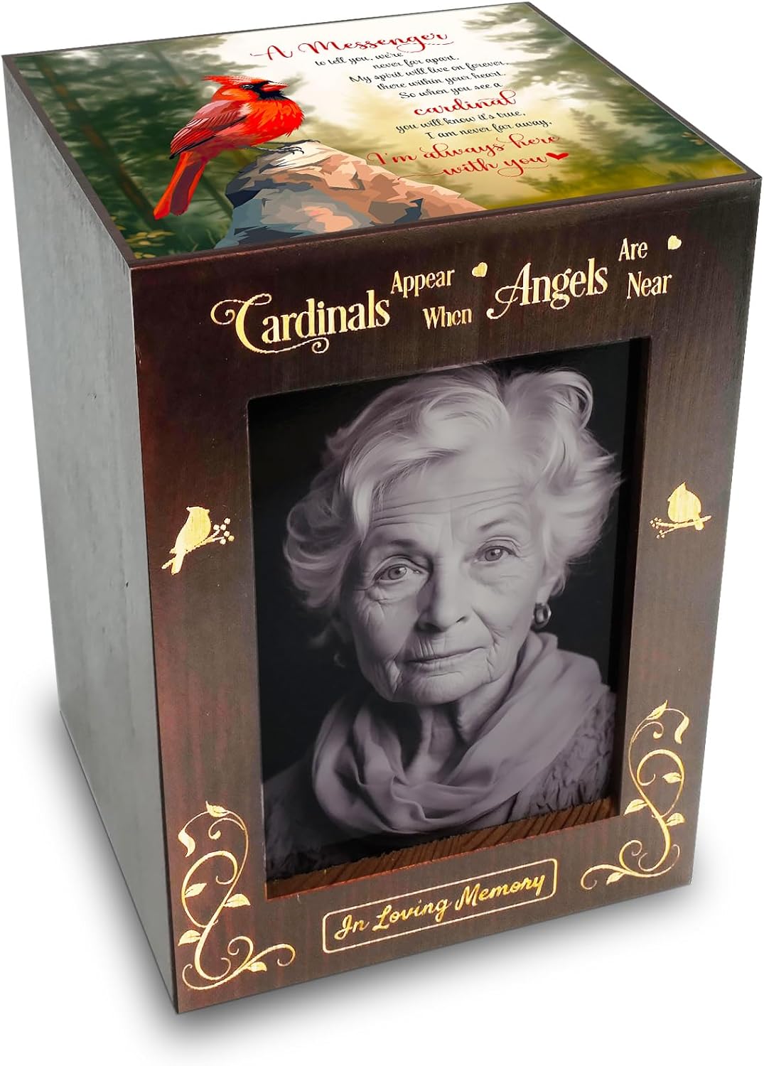 Wooden Cremation Urn with Photo Frame for Adult Ashes Cardinal Design