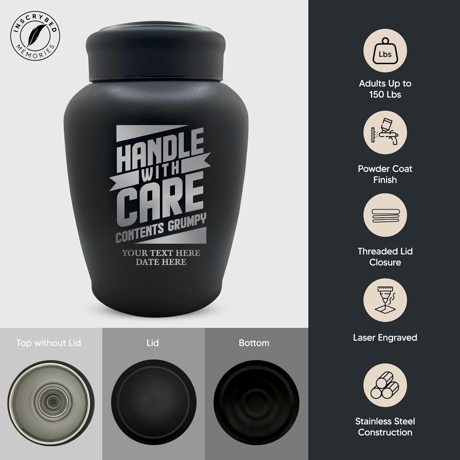 Personalized Human Cremation Urn For Adult Ashes - Engraved Stainless Steel Urn with Funny Handle and Grumpy Design