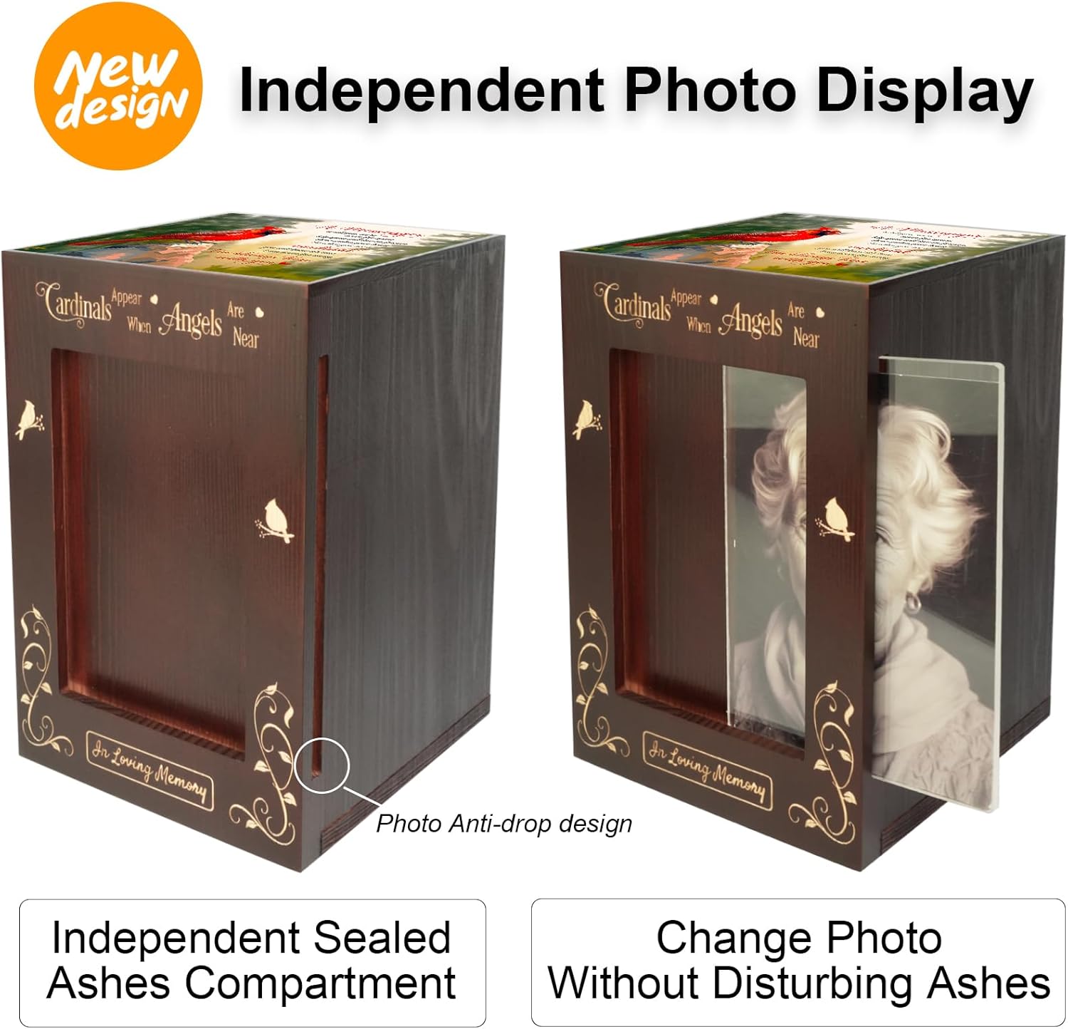 Wooden Cremation Urn with Photo Frame for Adult Ashes Cardinal Design