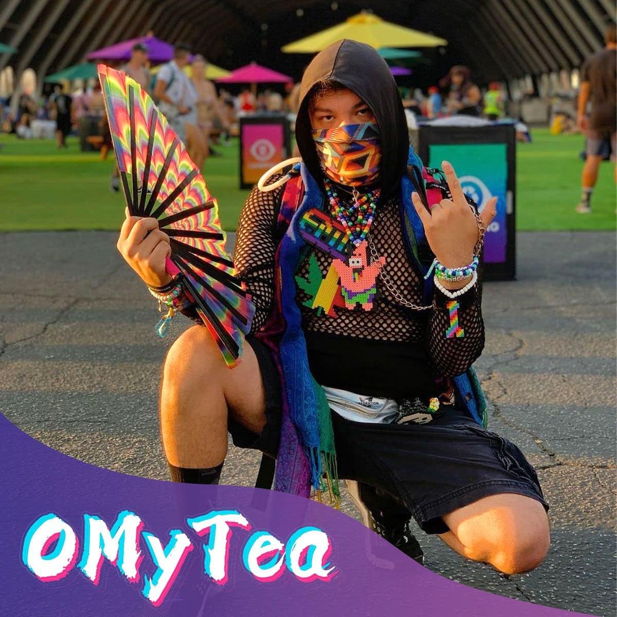 OMyTea Bamboo Large Rave Folding Hand Fan for Men Women