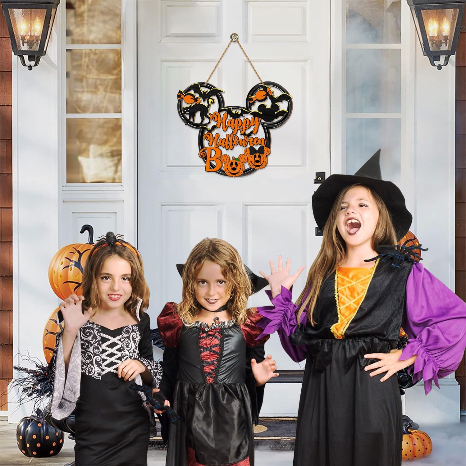 Halloween Mouse Door Sign Decor Spooky Wooden Sign with Black Cat and Bat Design