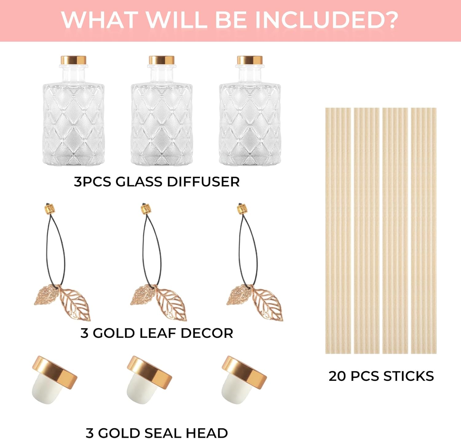 Glass Reed Diffusers Bottles Set of 3 with 20 Sticks