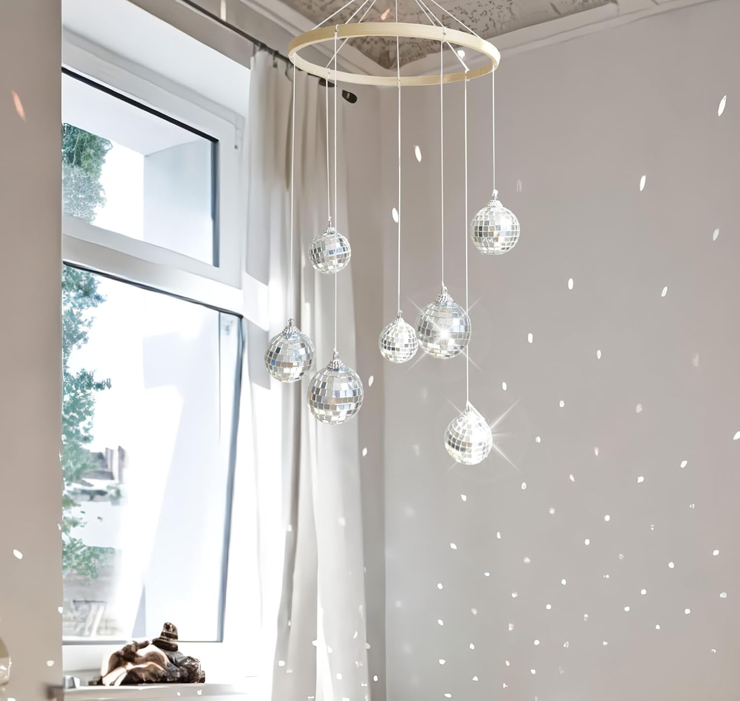 Dazzling Disco Ball Mobile 78 Inch Spiral Spinner Bamboo Decor