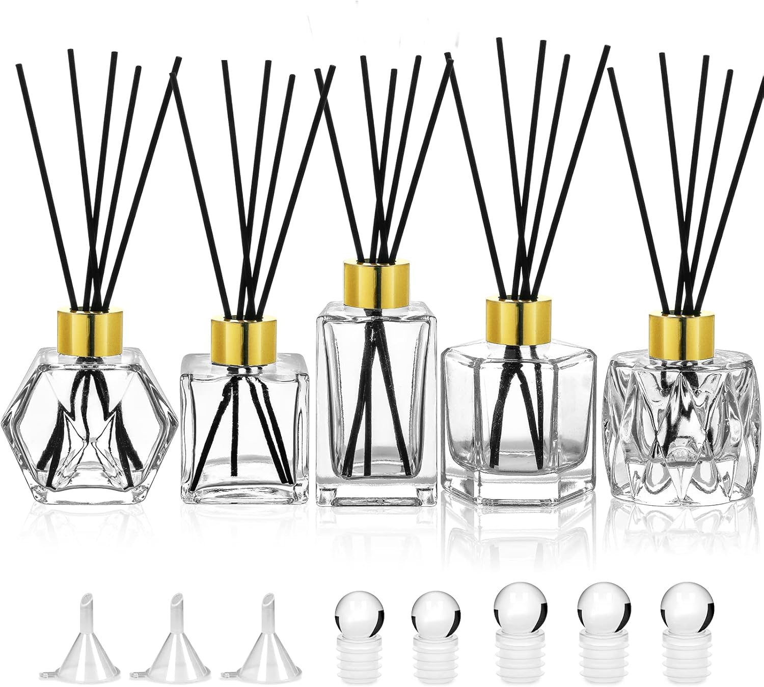 Supwinnet 5-Piece Clear Glass Diffuser Set with Gold Caps