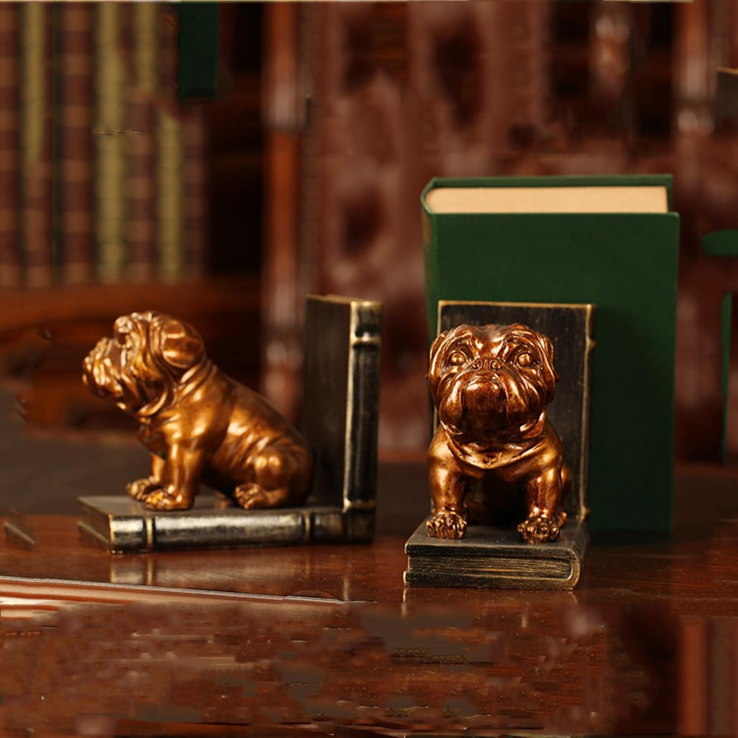 Dwysswyd Bulldog Bookends - Vintage Resin Shelf Guardians with Anti-Slip Base 1
