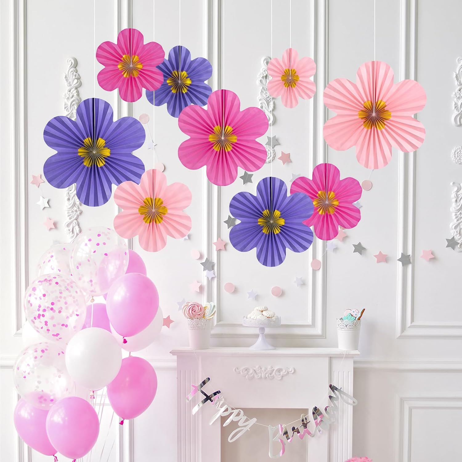 9 PCS Pink Purple Hanging Paper Fans for Decor