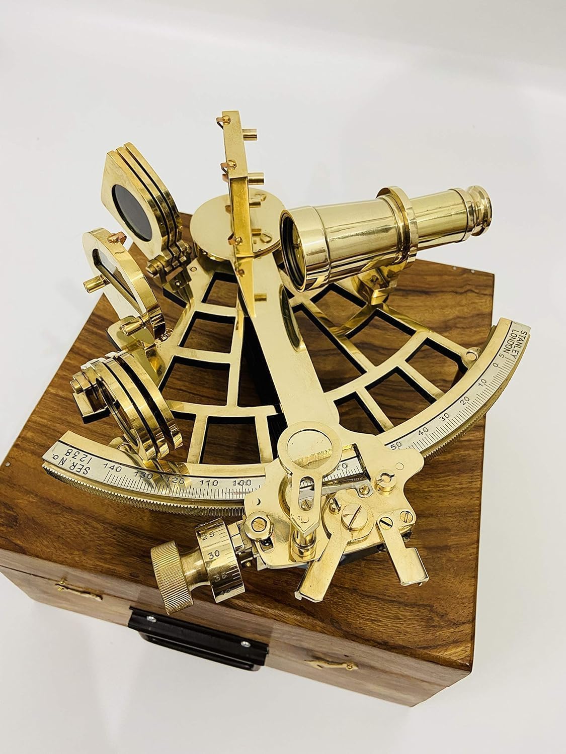 Vintage Brass Nautical Sextant With Decorative Wooden Box