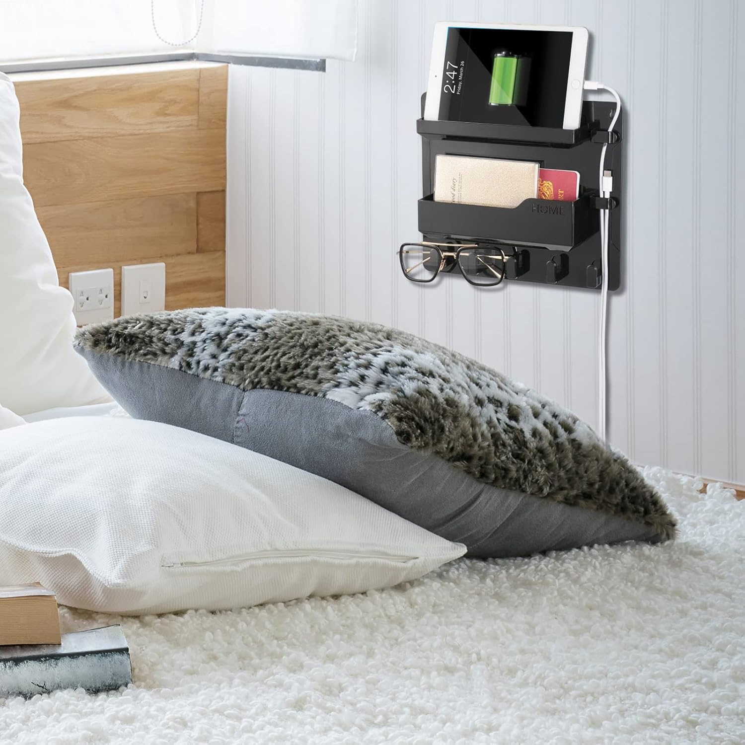 Bedside Wall Mount Shelf Organizer for Phone Remote Glasses Black