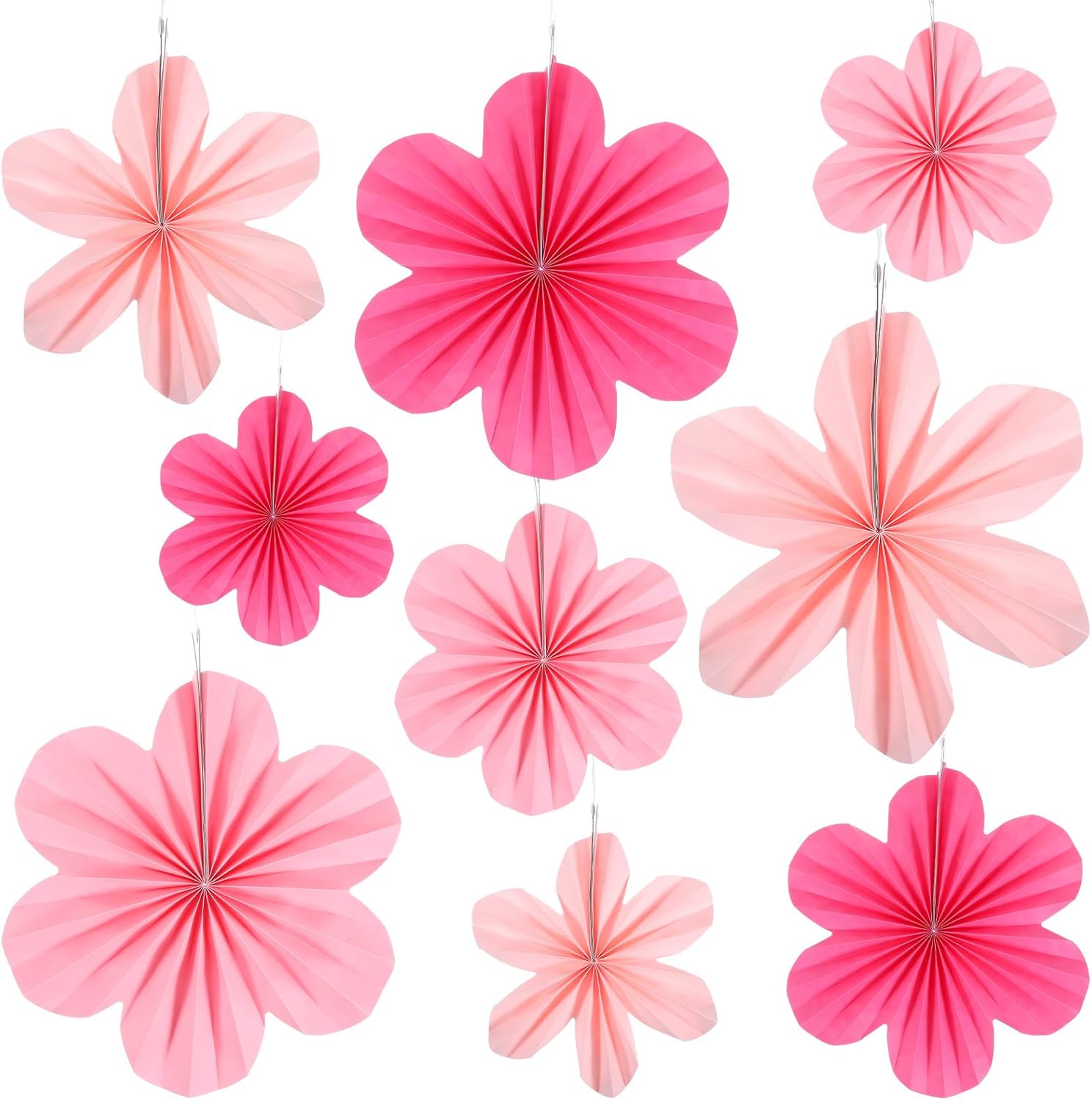 9 Pcs Pink Paper Fans for Party Decor and Wall Hanging