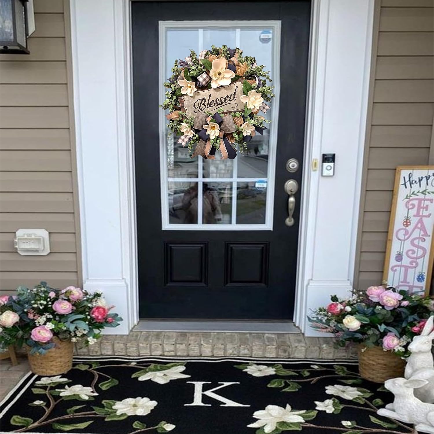 White Magnolia Wreath for Front Door Farmhouse Decor