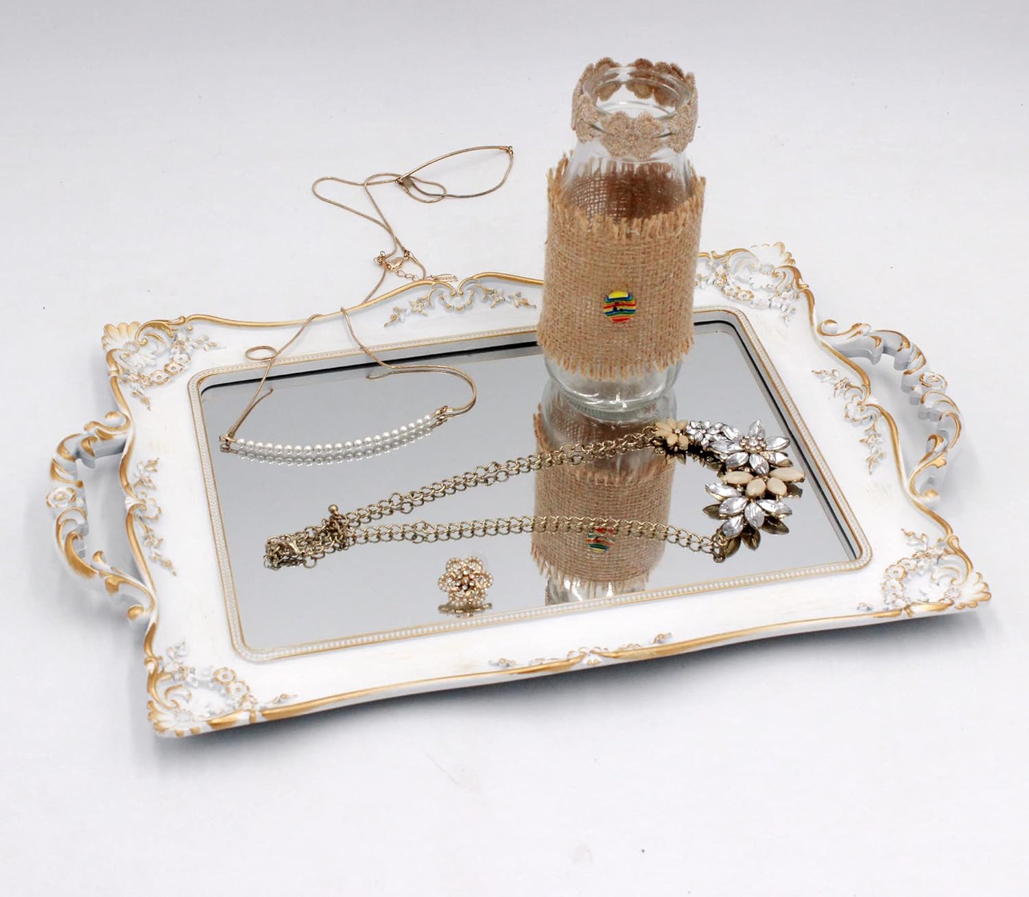 Antique Decorative Gold Framed Square Mirror Tray 95 W x 145 L White