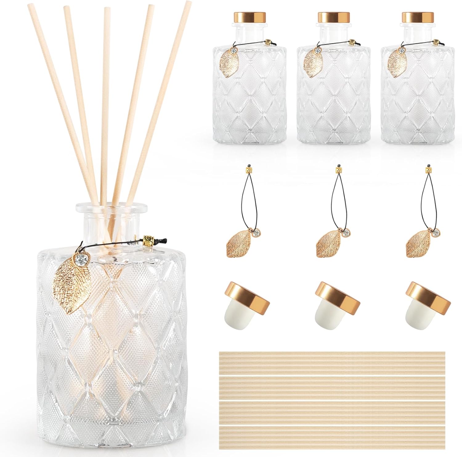 Elegant Glass Diffuser Bottles with 20PCS Reed Sticks and Cork Lids Set of 3