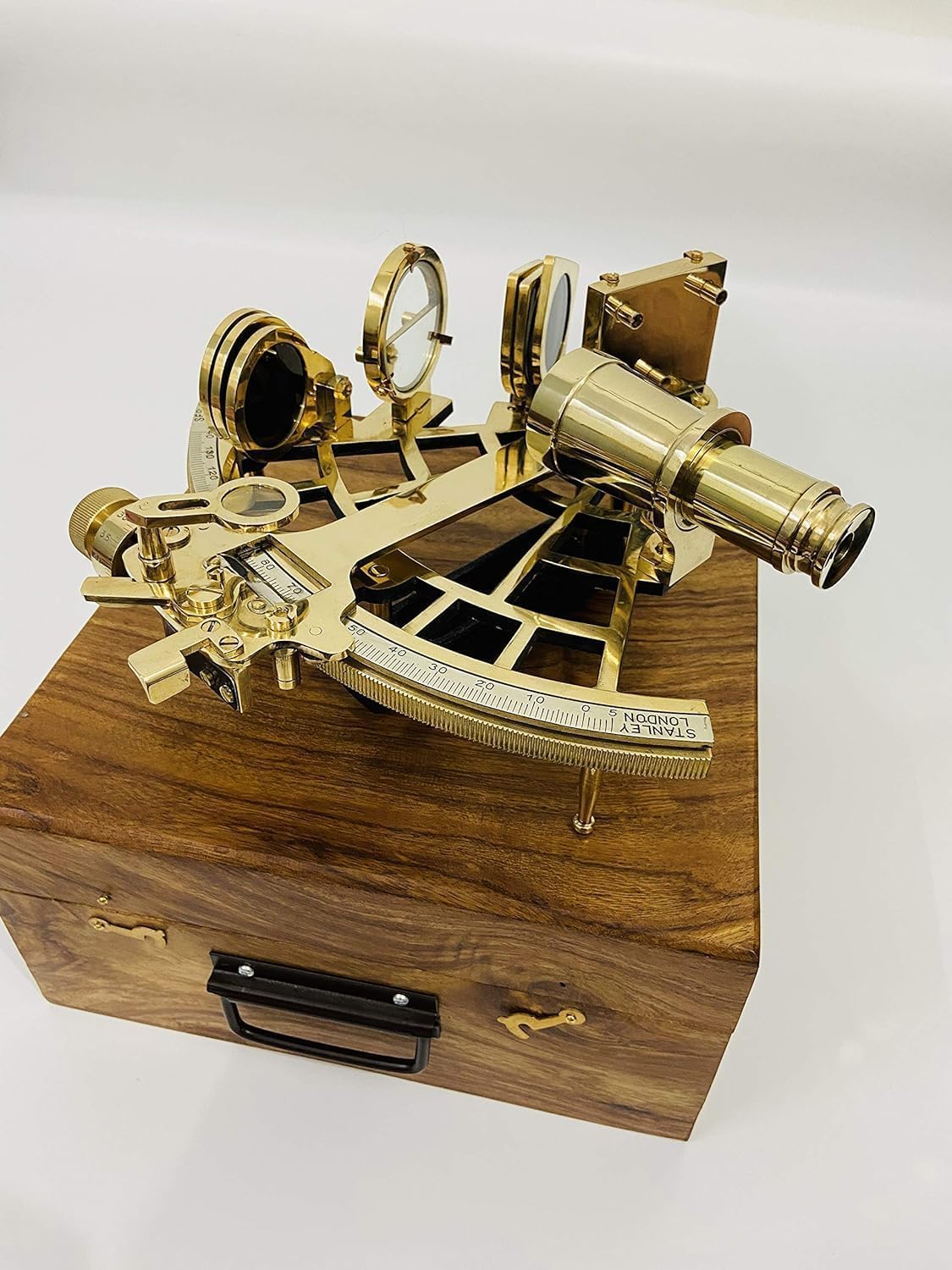 Vintage Brass Nautical Sextant With Decorative Wooden Box